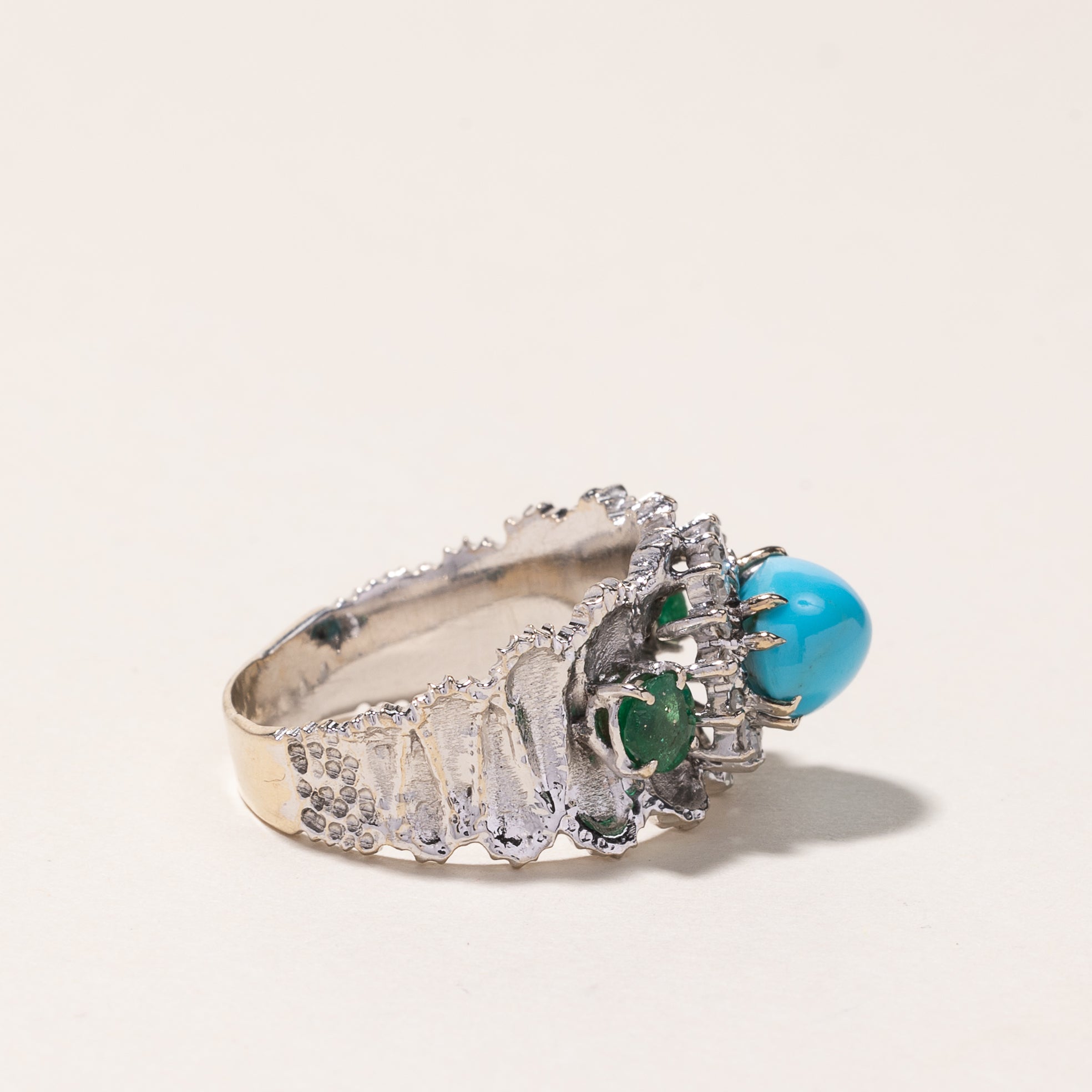 18K White Gold Turquoise, Emerald & Diamond Ring - 3.10ct Natural Gemstone, 0.47ctw Diamonds, 0.28ctw Emeralds - Size 8.5 - Elegant Statement Jewelry for Weddings, Anniversaries & Special Occasions