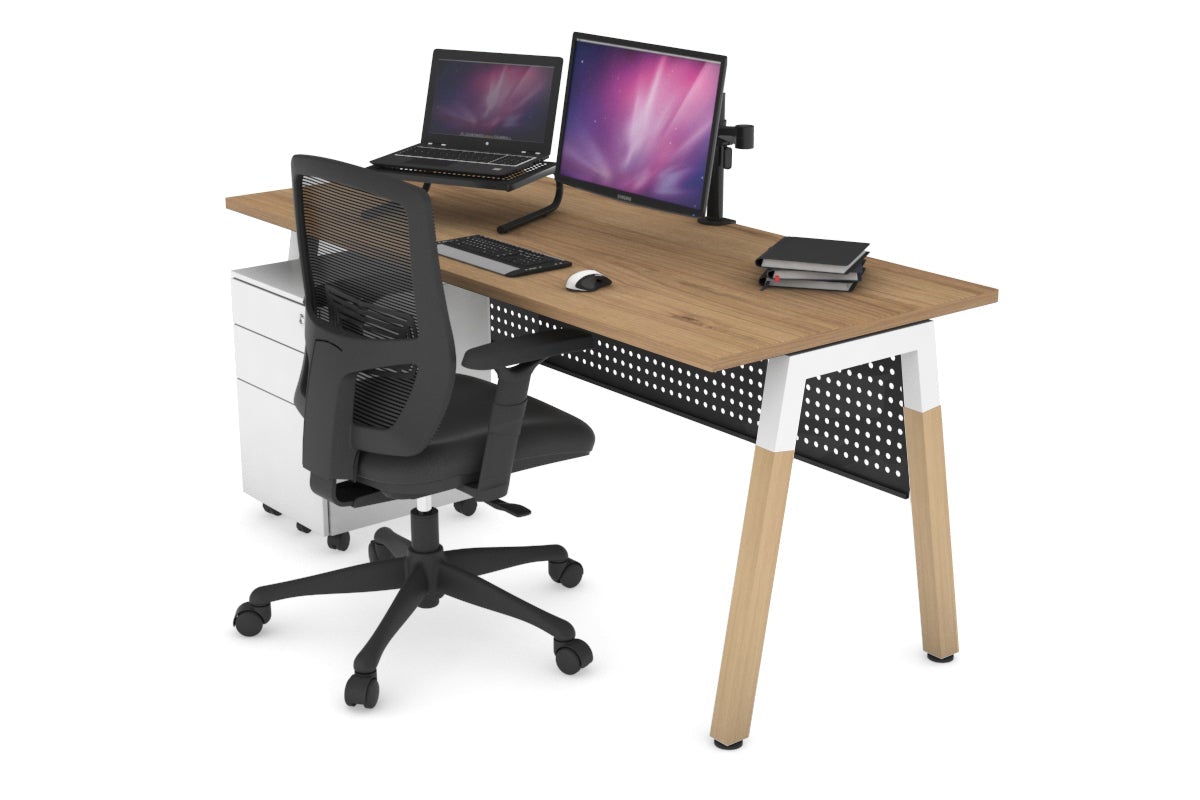 Quadro A Legs Office Desk with Wood Legs & Cross Beam [1600L x 700W] - Sturdy Workstation for Home Office, Study Room, or Commercial Spaces