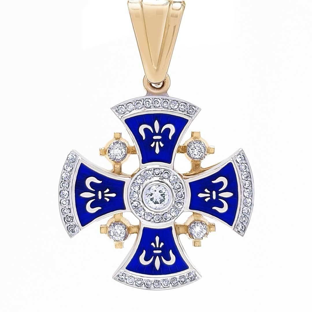 14K White & Yellow Gold Diamond Jerusalem Cross with Blue Enamel - Elegant Religious Jewelry for Gifts, Weddings & Special Occasions