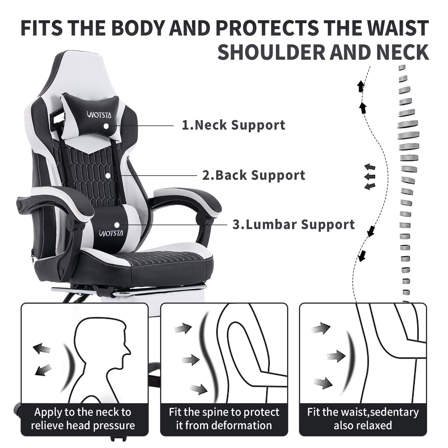 Premium Ergonomic Gaming Chair with Adjustable Footrest & Lumbar Support - High Back Racing Style PC/Office Chair with Headrest - PU Leather Video Game Chair for Home & Work (Black/White) - Perfect for Long Gaming Sessions, Streaming & Remote Work