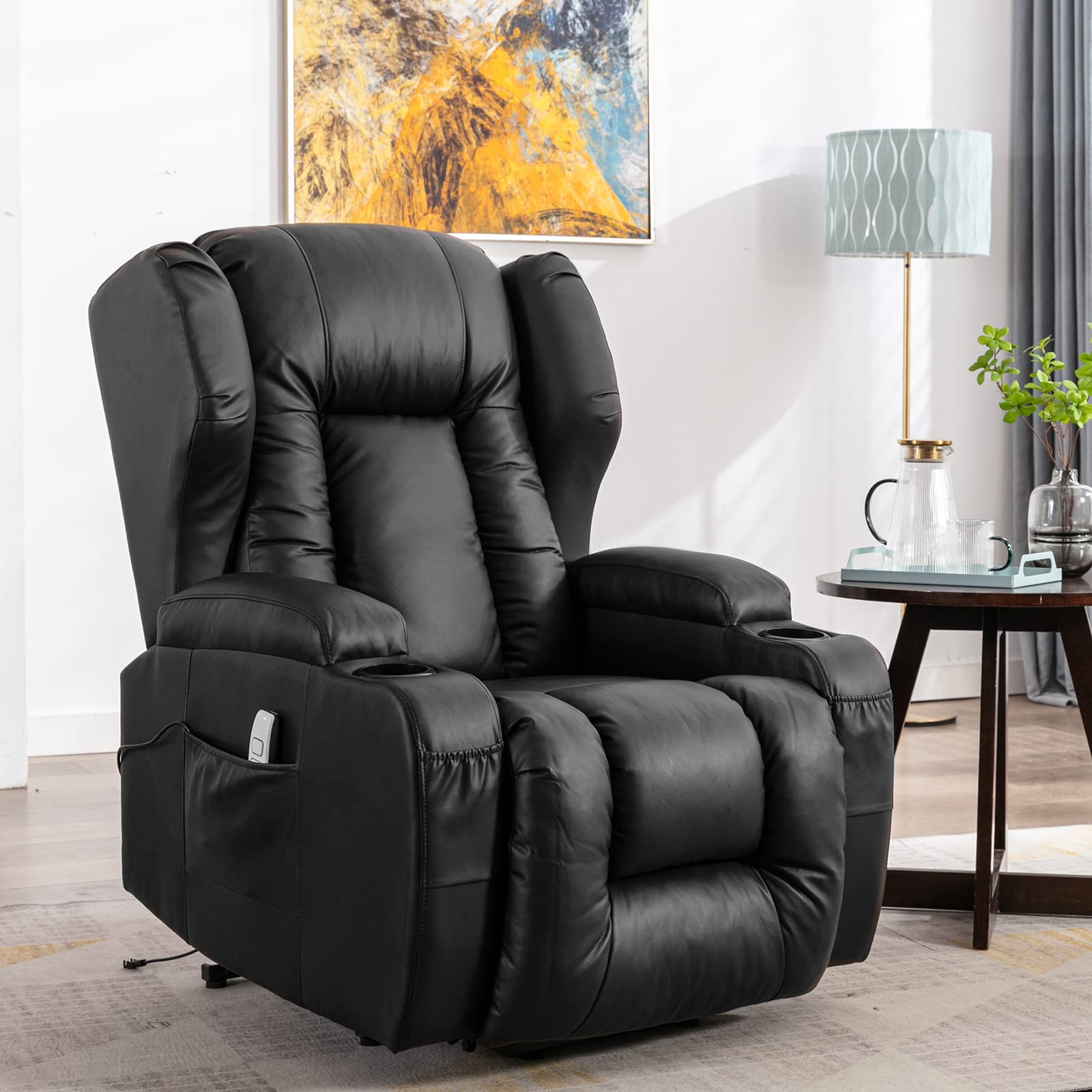 IPKIG Power Lift Recliner Chair for Elderly with Massage & Heat - Faux Leather Electric Recliner with USB Ports, 2 Remotes & 4 Side Pockets - Perfect for Living Room, Bedroom & Home Theater (Black)