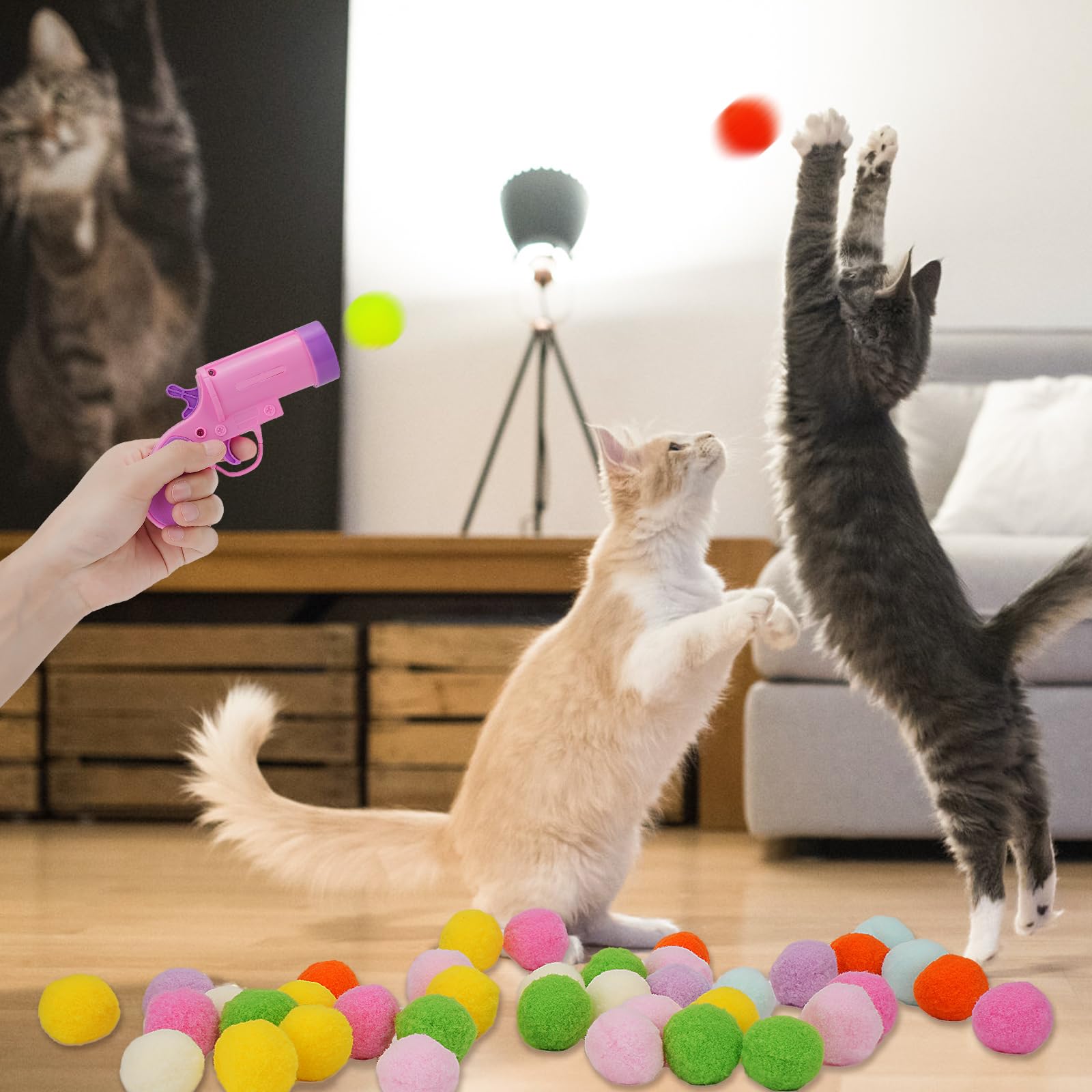 Cat Ball Launcher Toy - 50Pcs Plush Fuzzy Balls with Automatic Fetch Launcher Gun for Indoor Cats | Interactive Kitten Play Toy for Exercise & Boredom Relief | Perfect for Playtime, Training & Bonding with Your Adult Cat