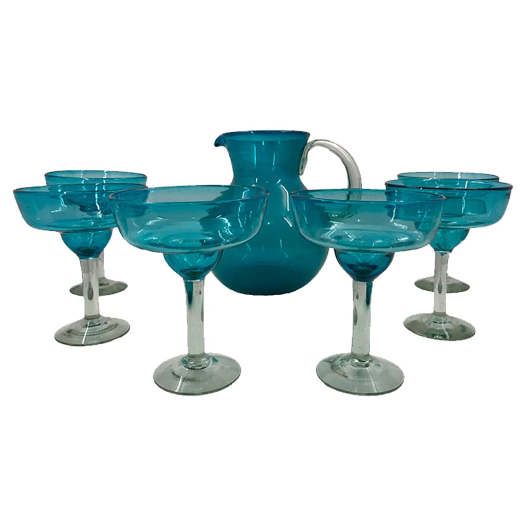 Premium 6-Piece Margarita Glass Set with Turquoise Blue Rim - Perfect for Cocktail Parties, Beach Themed Events & Home Bar Decor