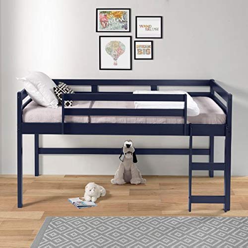 Knocbel Twin Loft Bed with Reversible Ladder & Safety Guardrail - Solid Wood Platform Bed Frame with 13-Slat Support, 110lb Weight Capacity (Navy Blue) - Perfect for Kids' Rooms, Dorms & Small Spaces