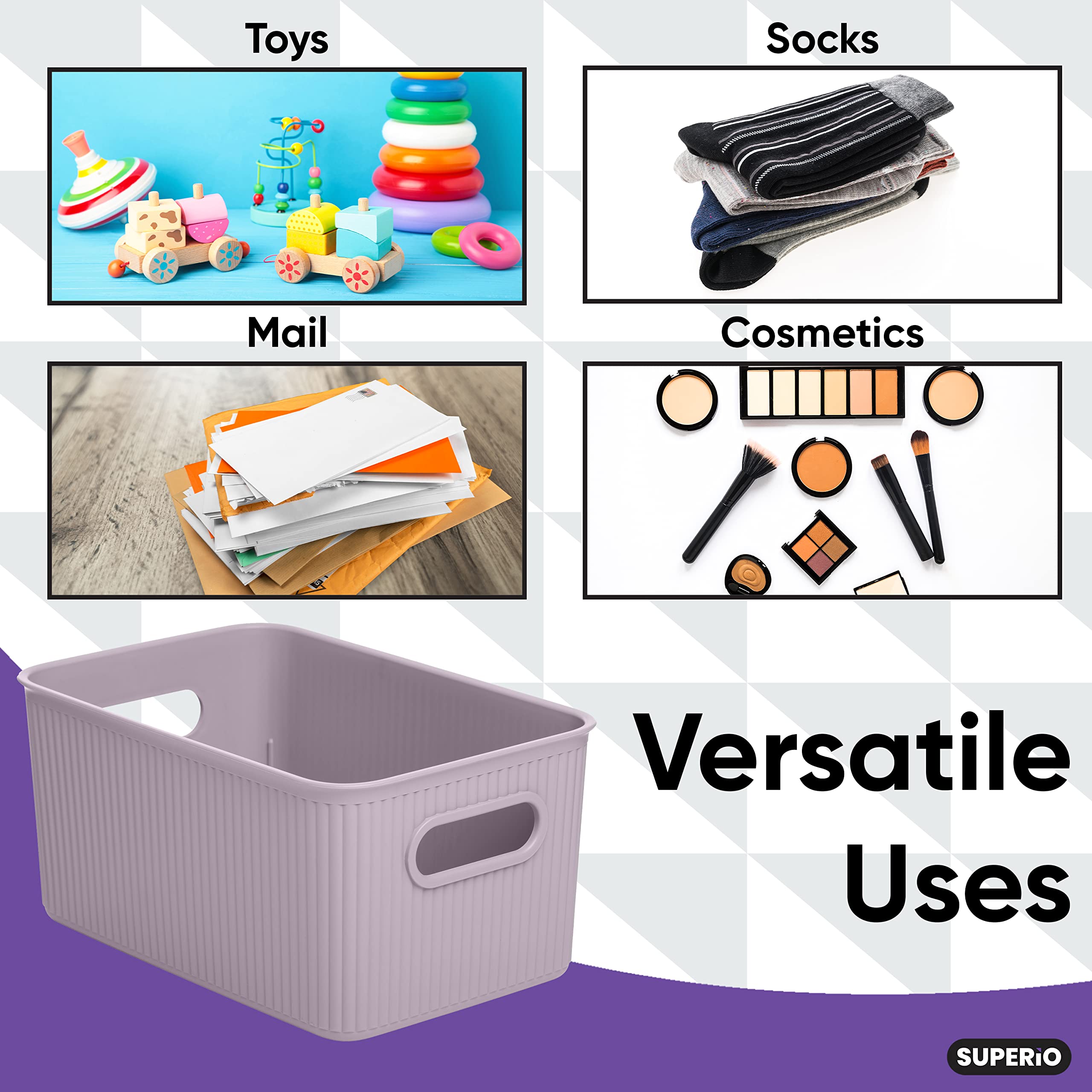 Superio Ribbed Collection - Decorative Plastic Lidded Storage Bins Organizer Baskets, Medium Lilac Purple (1 Pack - 5 Liter) Stackable Container Box for Closet, Shelf, Drawer Organization - Perfect for Bedroom, Bathroom & Office Storage Solutions