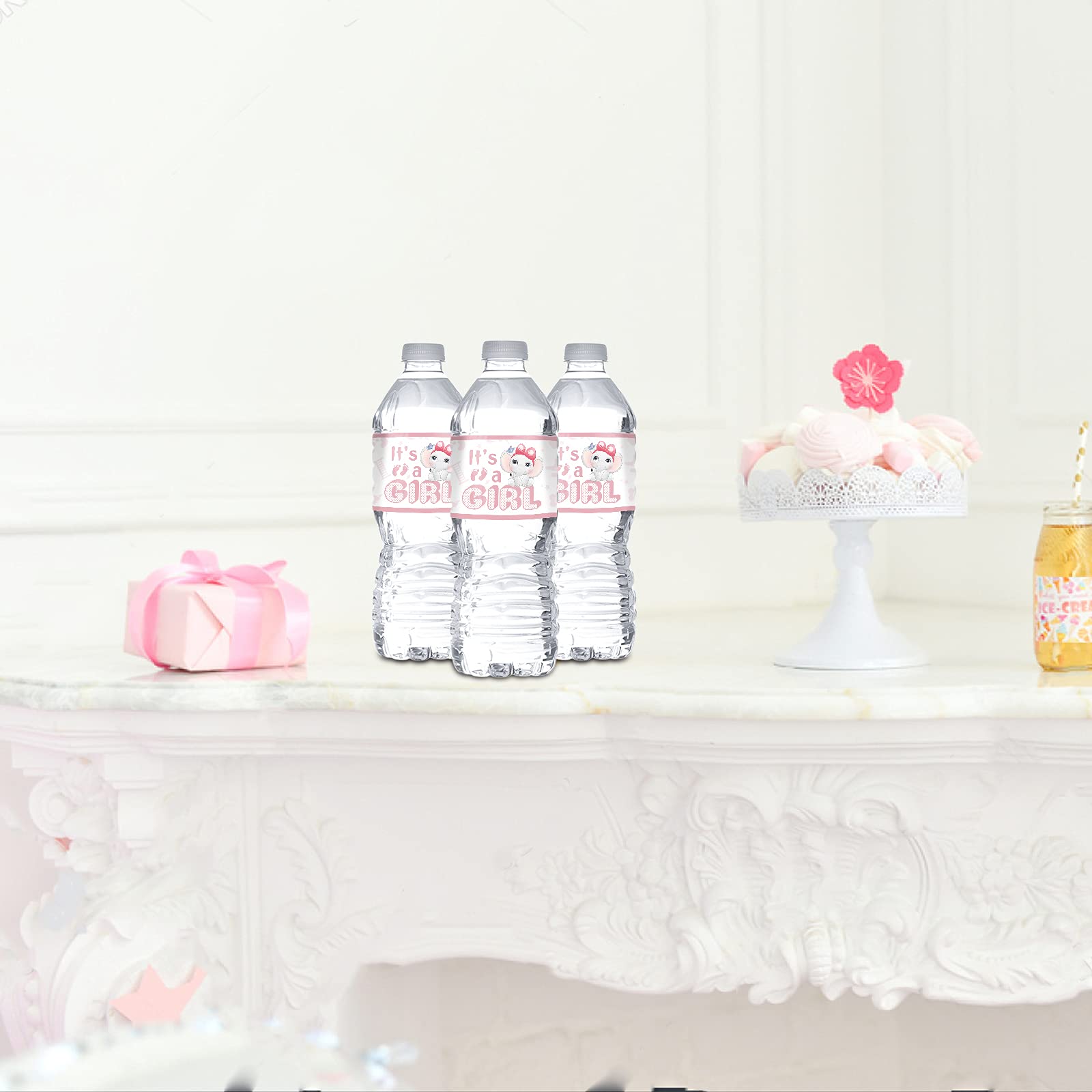 Pink 'It's A Girl' Water Bottle Stickers - Elephant Theme Gender Reveal & Baby Shower Party Supplies (32-Pack) - Perfect for Birthday Celebrations, Nursery Decor, and Gender Announcement Parties