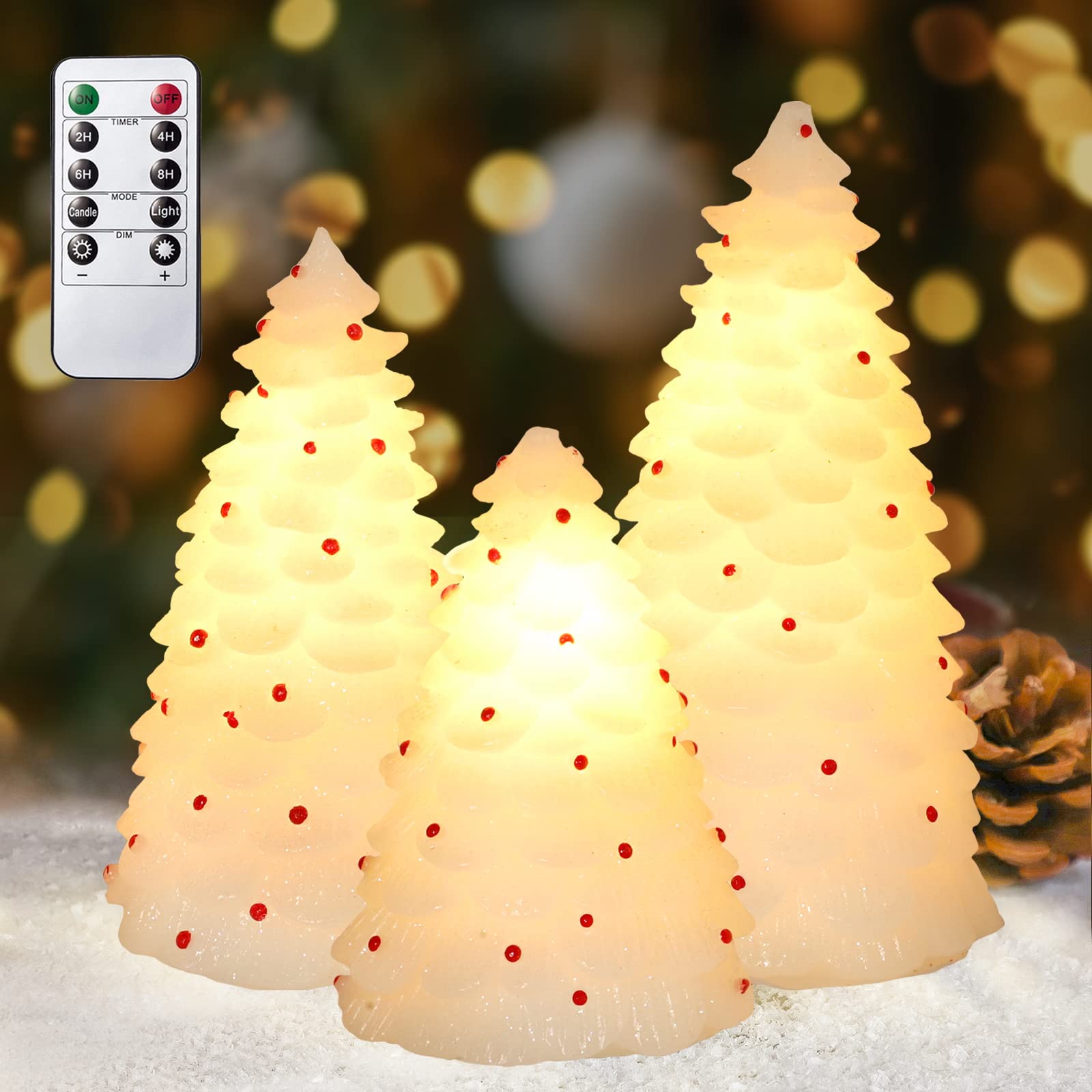 Handmade Carved LED Christmas Candles with Remote - Set of 3 Real Wax Flameless Candles for Holiday Decor | Perfect for Christmas Tree, Home, Party, Bedroom, Easter & Spring Decorations