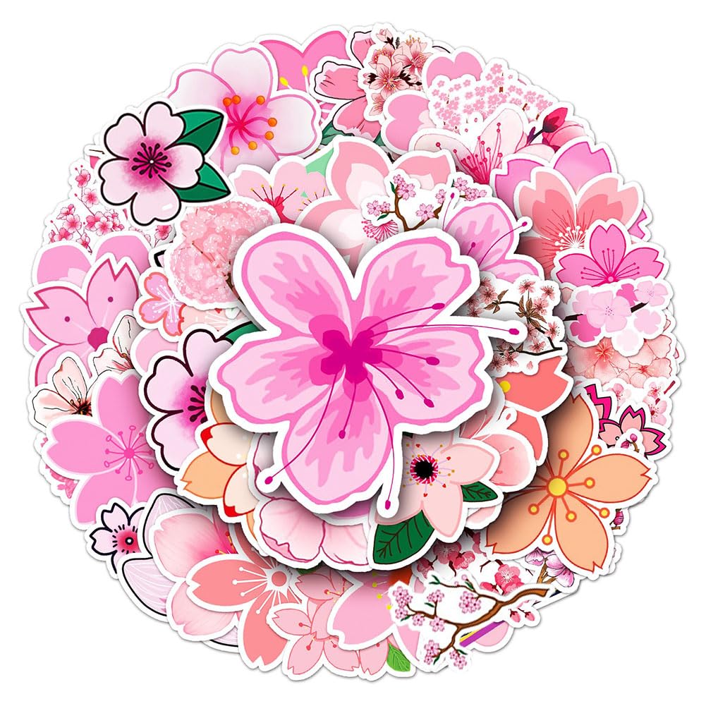 50Pcs Sakura Cherry Blossom Waterproof Vinyl Stickers - Japanese Floral Decals for Bike, Water Bottle, Laptop, Luggage, Skateboard - Perfect for DIY Crafts, Scrapbooking & Home Decor