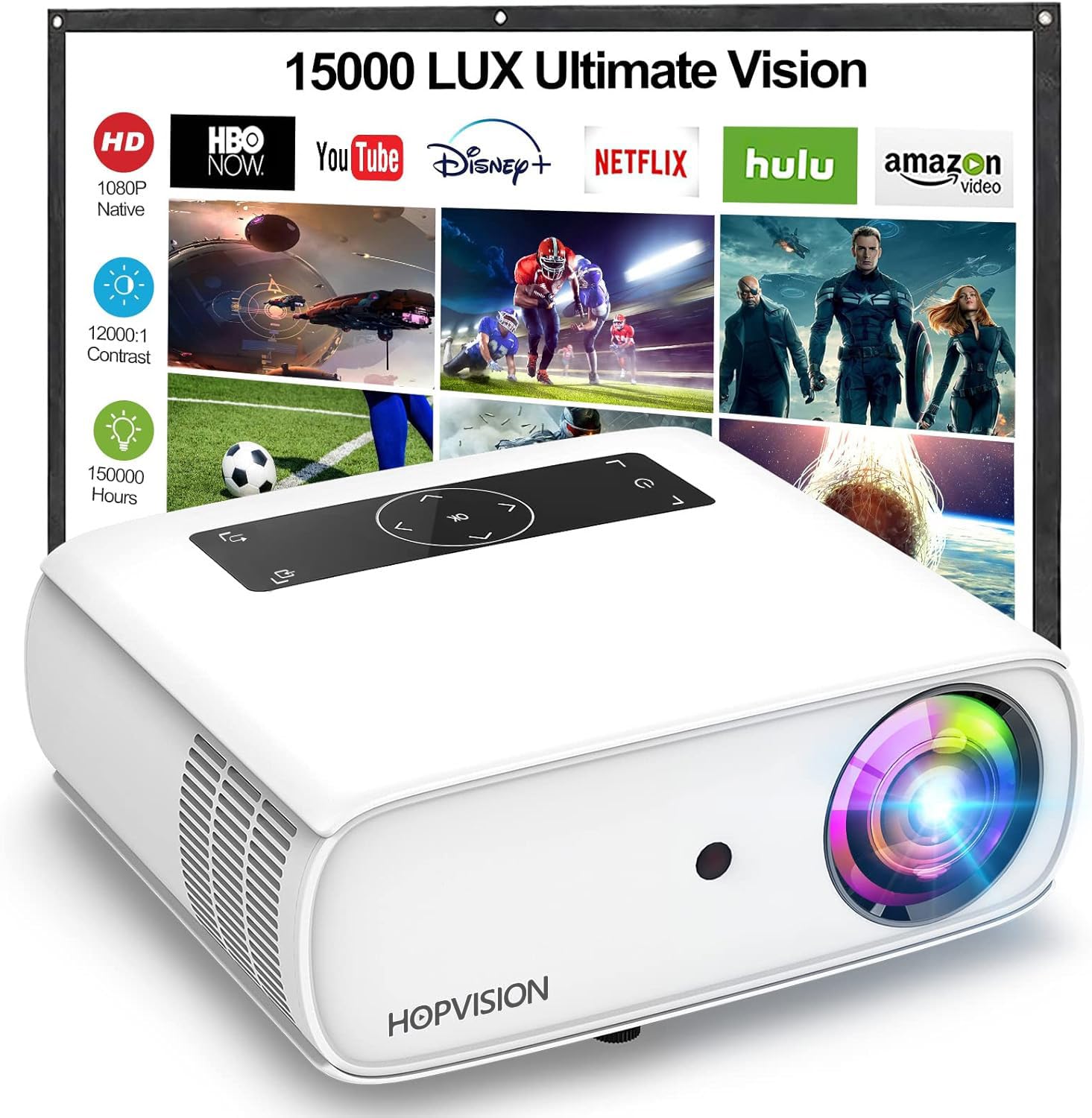 HOPVISION Native 1080P Full HD Projector - 9500Lux Brightness, 150000 Hours LED Life, 4K Support, 350