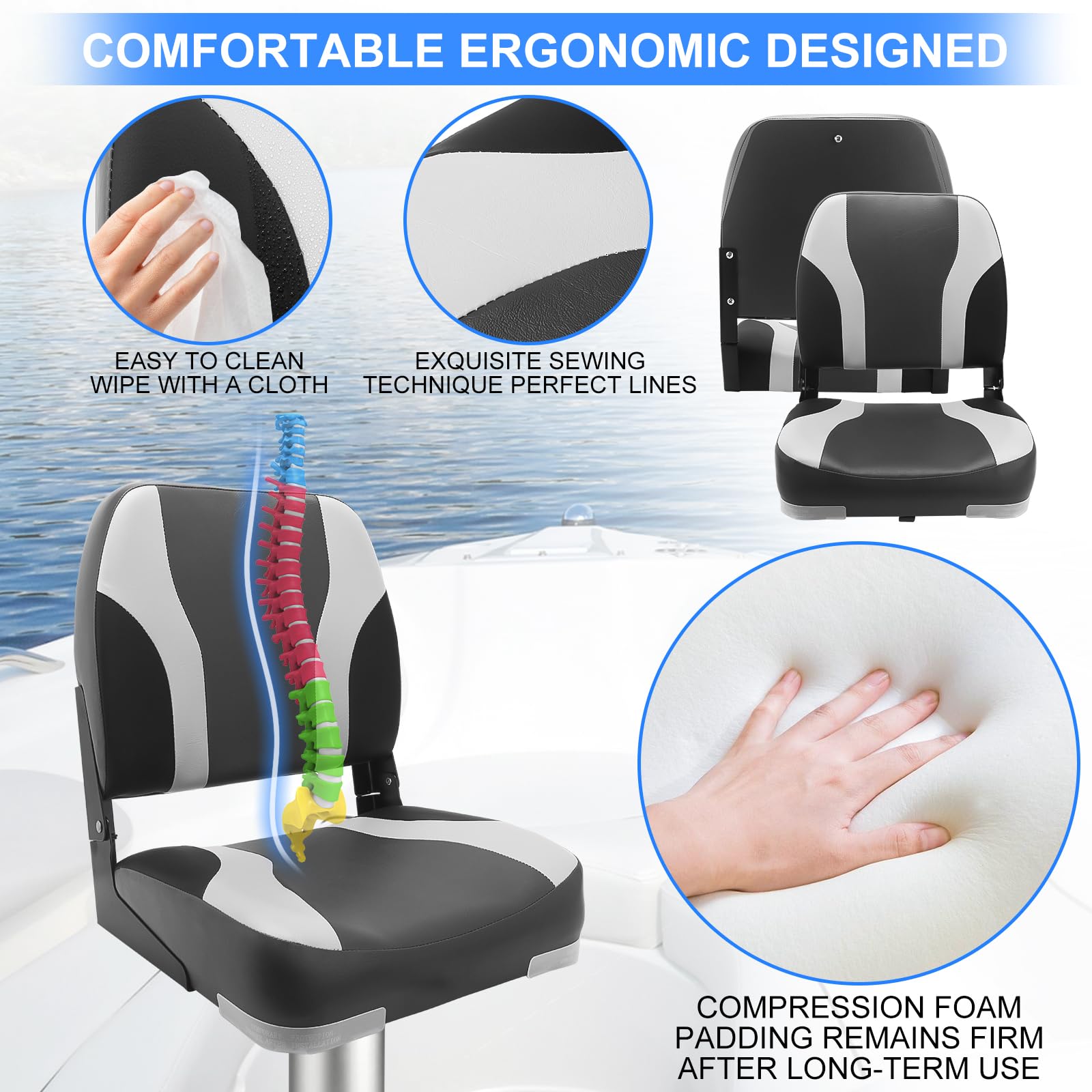 **2 Pack Waterproof Marine Low Back Folding Chairs – Lightweight, Soft & Comfortable Boat Seats for Fishing, Boating & Cabin Use (Charcoal/Light Grey/Black)**    *Perfect for fishing trips, boat cabins, camping, and outdoor relaxation!*