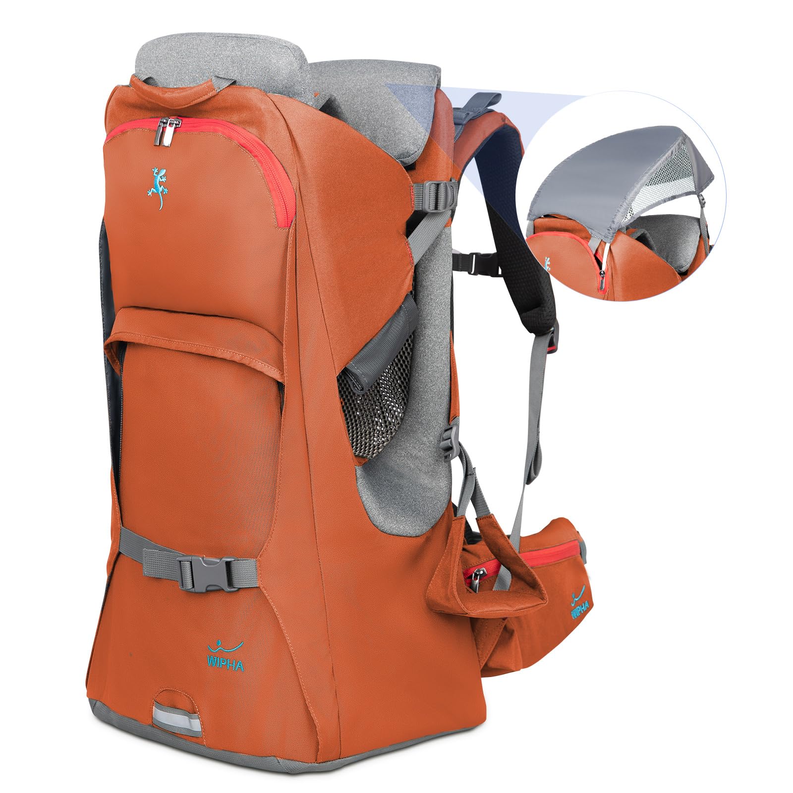 **WIPHA Ergonomic Baby Backpack Carrier for Hiking - Adjustable Padded Child Seat with Sun Canopy, Large Storage & Insulated Pocket - Safe Toddler Carrier (Orange) - Perfect for Outdoor Adventures, Travel & Family Walks**