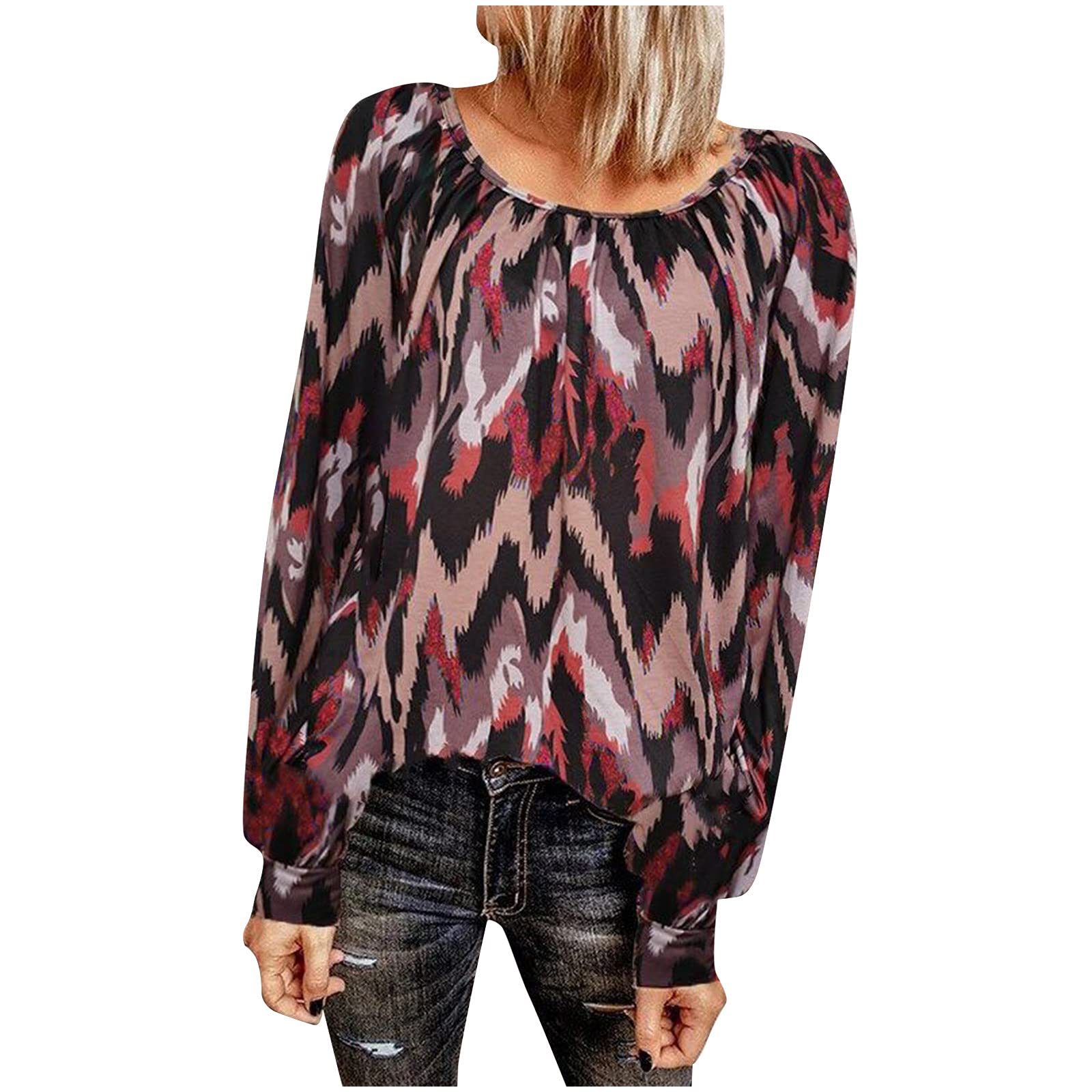 Trendy Tie Dye Long Sleeve T-Shirts for Women - Soft Pleated Round Neck Blouse, Casual Pullover Top for Everyday Wear, Work & Weekend Outfits