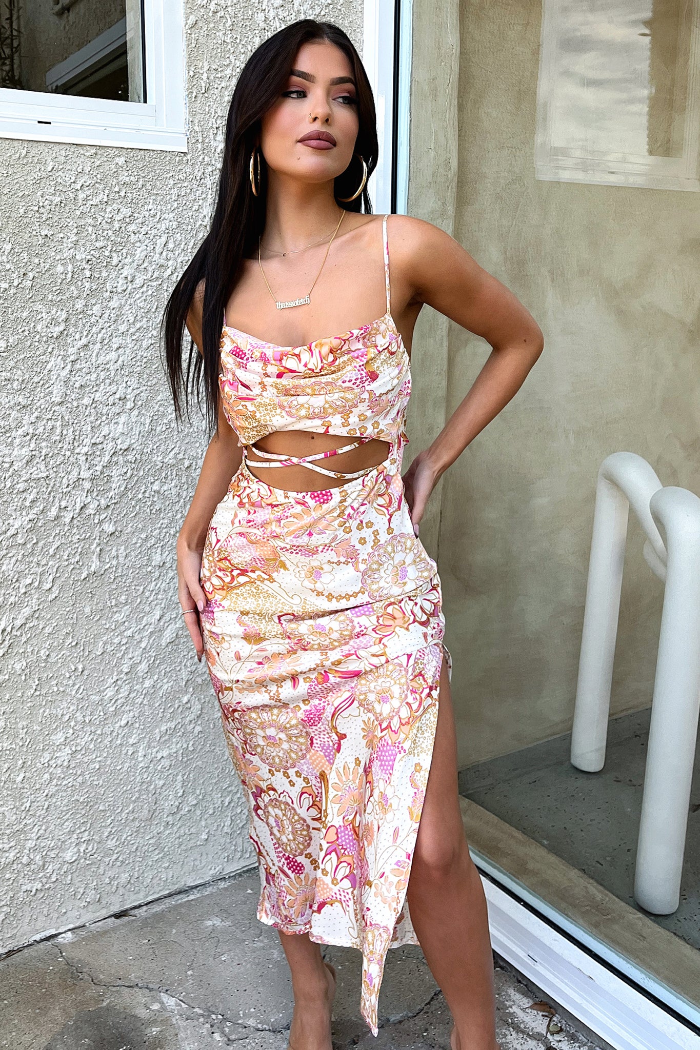 Florence Midi Dress - Pink Floral Print Summer Dress for Women | Casual & Party Wear | Perfect for Beach, Wedding & Date Night