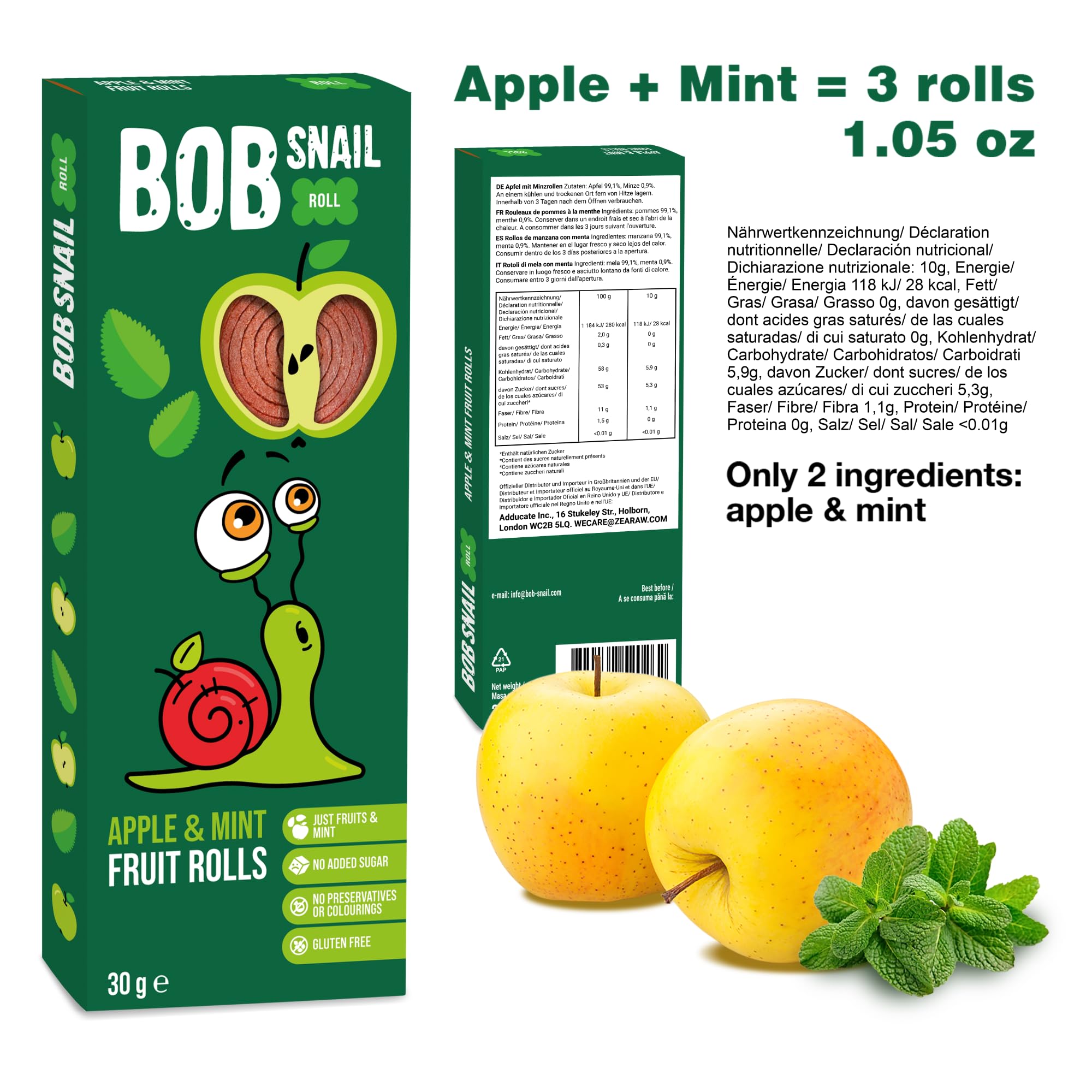 BOB SNAIL Healthy Fruit Roll Ups Variety Pack - 60 Individual Snack Packs with Natural Fruit Leather (Apple, Cherry, Plum, Pumpkin, Mint) - Vegan, Low Carb, Gluten-Free Snacks for Kids & Adults - Perfect for School Lunches, Office Snacks & On-the-Go Energy