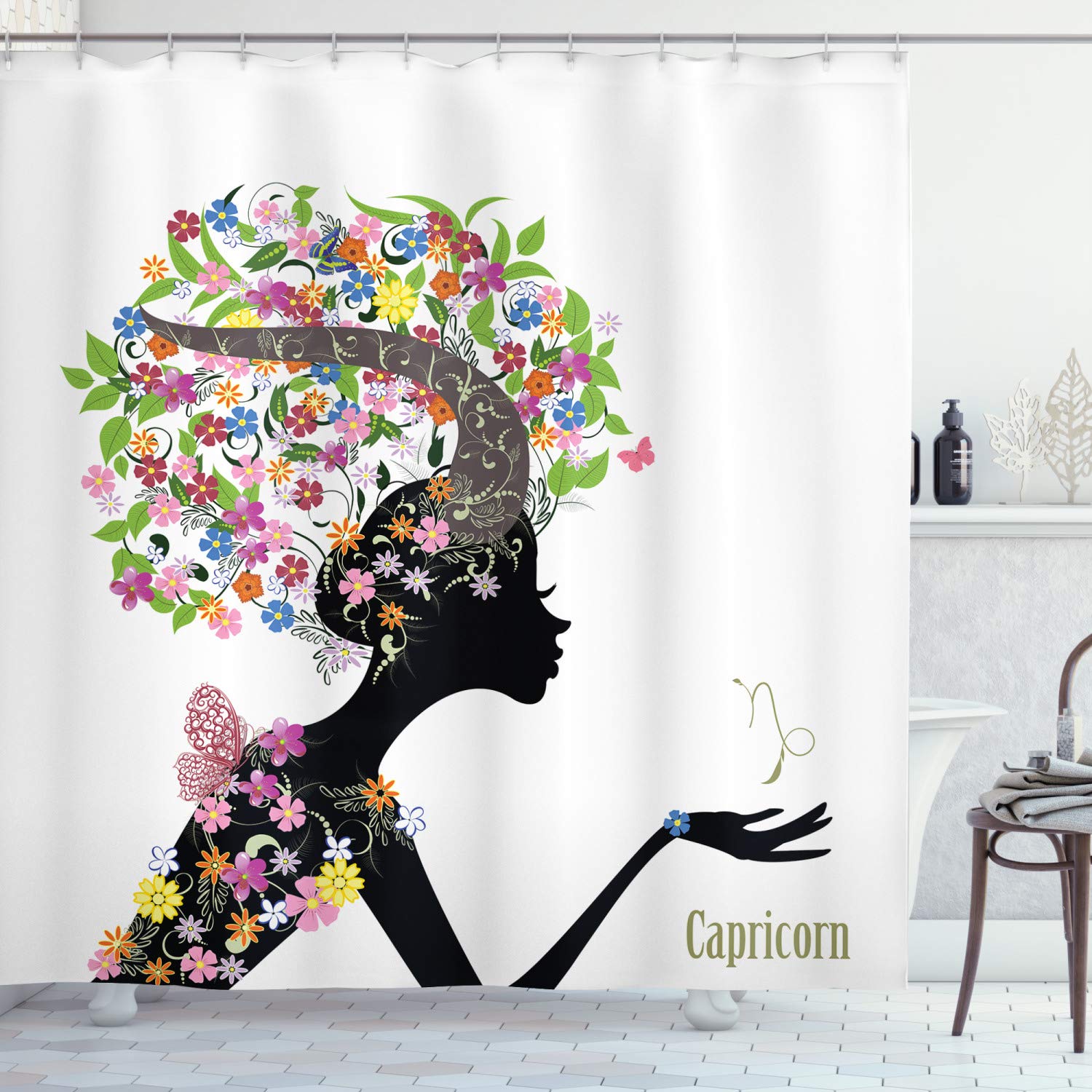Ambesonne Zodiac Capricorn Shower Curtain - Women's Horned Silhouette with Colorful Floral Design, 69x70 Inch Fabric Bathroom Decor Set with Hooks - Perfect for Zodiac-Themed Bathrooms & Unique Home Decor