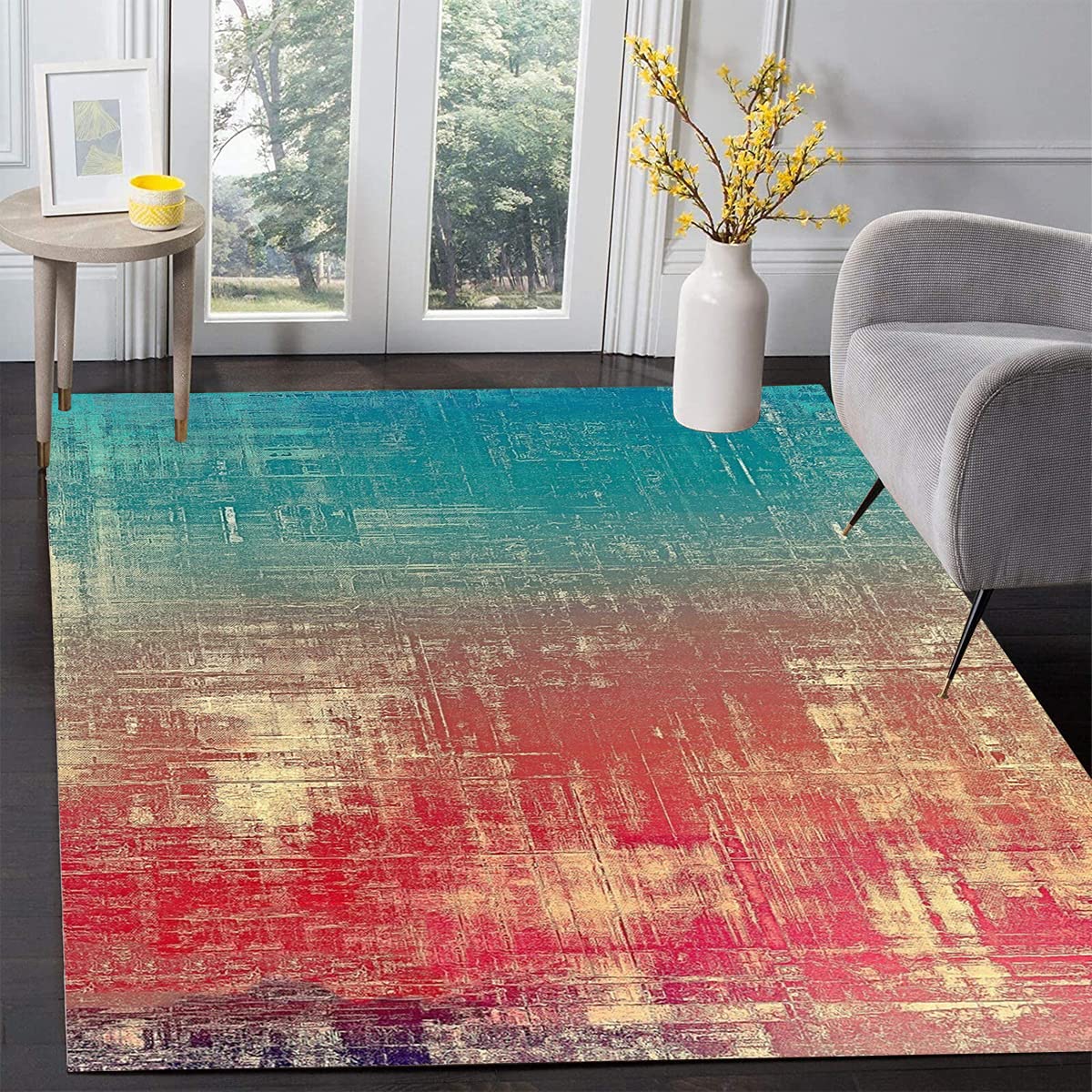 Vintage Distressed Red Teal Area Rug 8x10 - Mid-Century Modern Abstract Design, Low Pile Machine Washable Carpet for Living Room, Bedroom, Playroom, Dining & Kitchen - Perfect as Runner Rug, Throw Rug or Deck Carpet