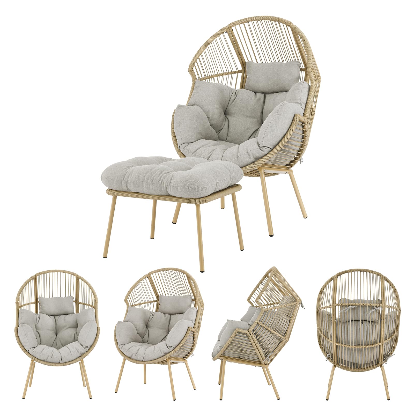 Outdoor Wicker Ottoman with Thick Cushion - Rattan Footrest Stool for Patio, Porch, Garden - Yellow/Beige - Perfect for Relaxing in Backyard or Outdoor Living Spaces