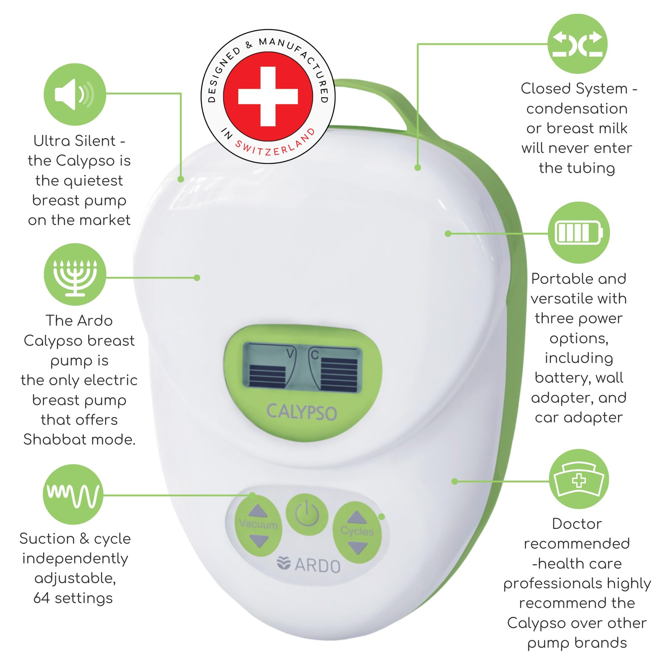 Ardo Calypso-to-Go Double Electric Breast Pump - Ultra Quiet Swiss Made Hospital Grade Breastfeeding Pump with 64 Adjustable Settings, Closed System, Includes Bottles, Breast Shells & Travel Bag - Perfect for Working Moms, Travel & On-the-Go Pumping