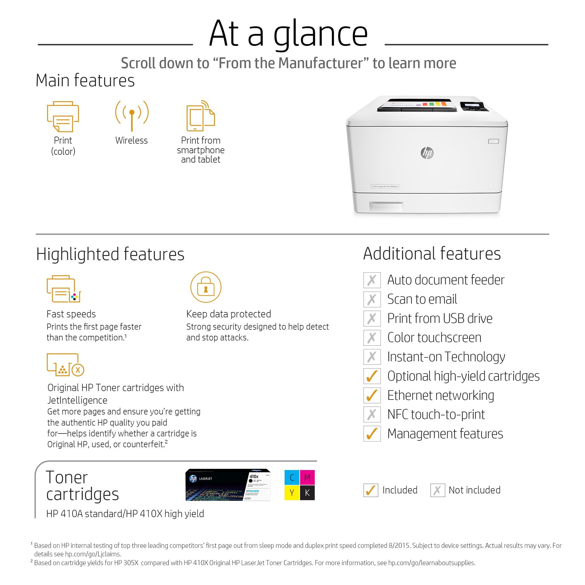 HP LaserJet Pro M452nw Wireless Color Laser Printer with Ethernet | Fast Printing & Scanning | Home Office & Small Business Use (Renewed, CF388A)