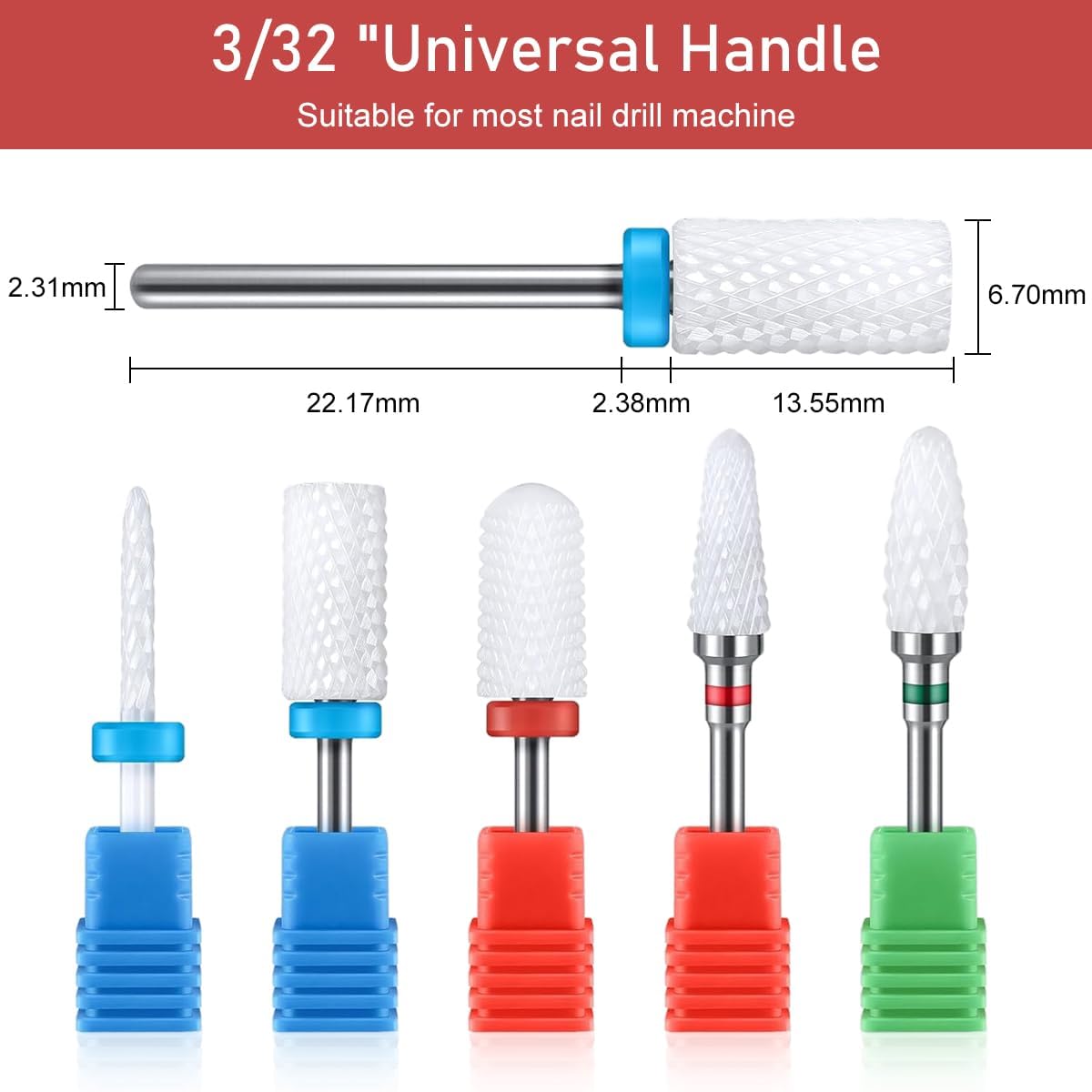 KRENI 5Pcs Ceramic Nail Drill Bits - 2.35mm (3/32