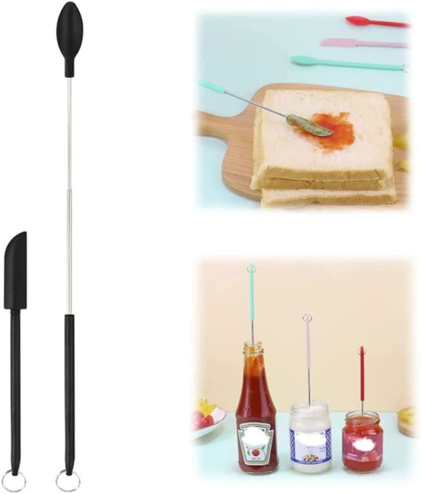 2-Pack Double Head Silicone Spatula Set - Mini Telescopic Spatula & Scoop Spoon with Hanging Hook - Perfect for Kitchen Cooking, Makeup Application & Household Use - Black