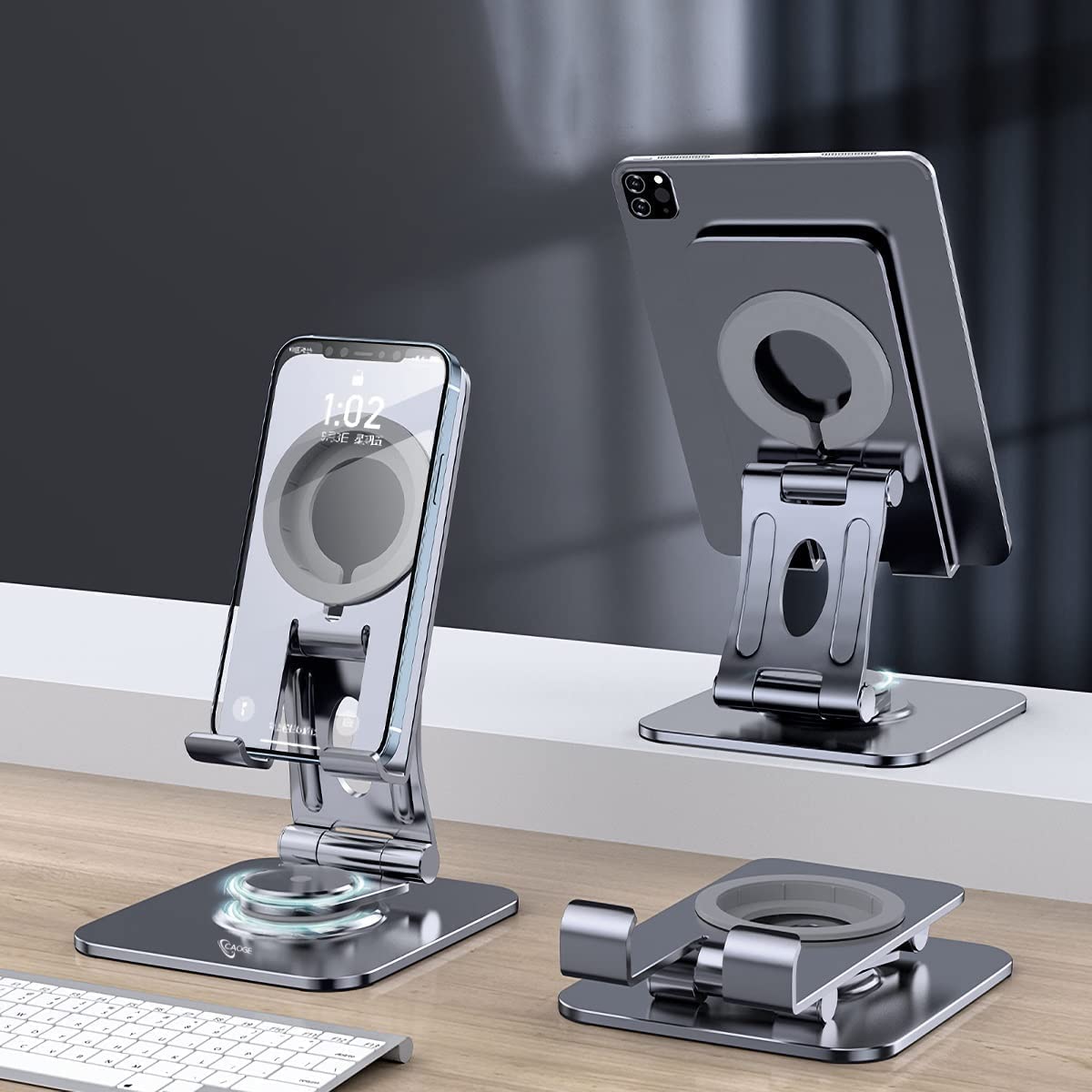 360° Rotating Aluminum Tablet Stand for iPad Air/Mini/Pro, iPhone 13/12 (4-13 Inch) - Portable & Adjustable Holder for Drawing, Watching, Video Calls - Perfect for Home, Office & Travel (Gray)