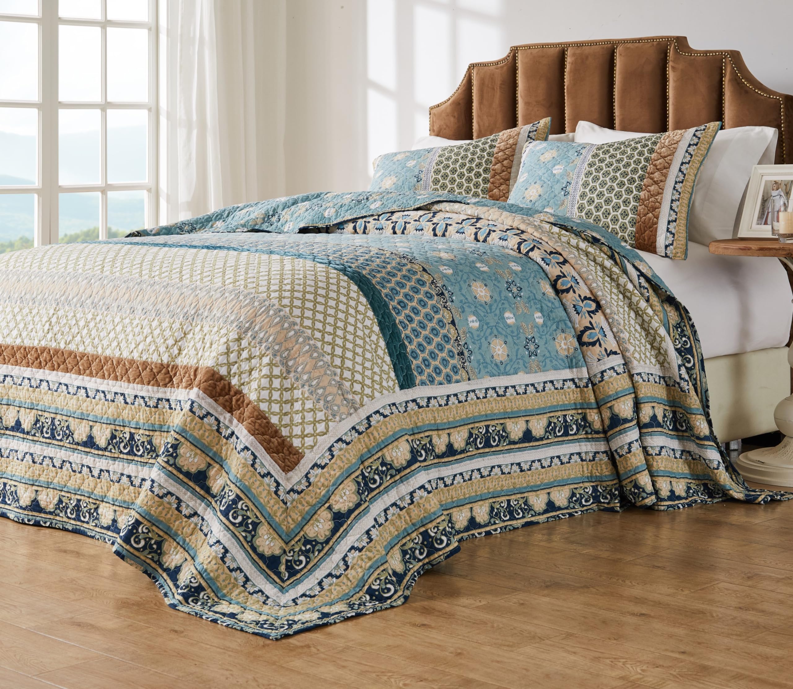 Greenland Home Thalia Quilted Bedding Set - 3-Piece Jumbo King Size Comforter Set in Blue | Soft & Cozy Bedroom Decor for Master Bedroom or Guest Room