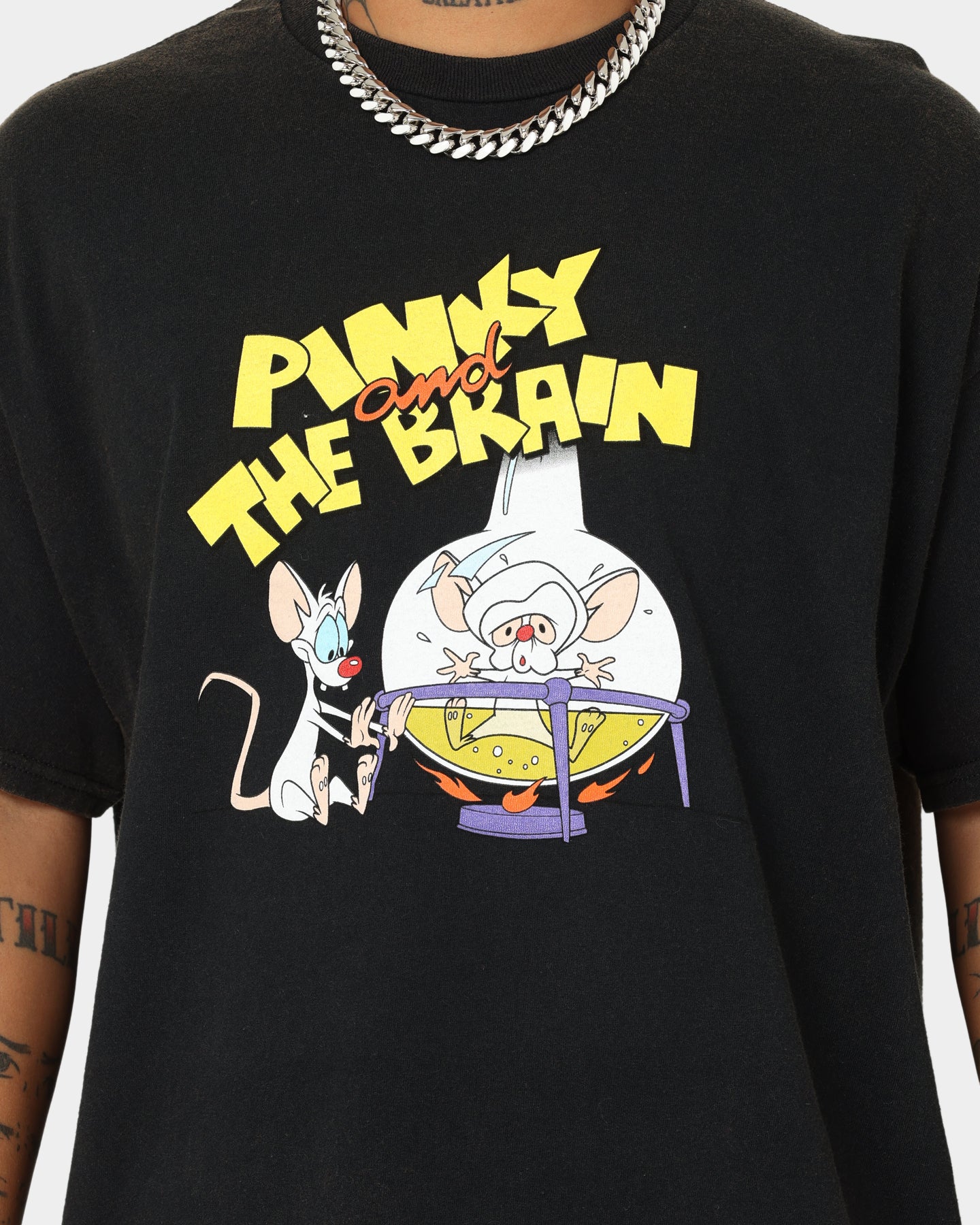 Vintage Pinky And The Brain Graphic T-Shirt - Black Wash Distressed Style - Retro Cartoon Tee for Men & Women - Perfect for Casual Wear, Cosplay, and 90s Nostalgia Fans
