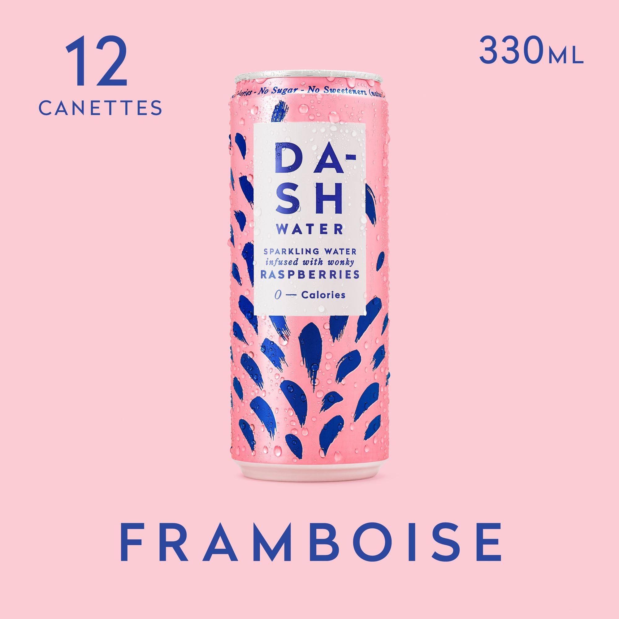 DASH 12x Eaux Pétillantes Aromatisées à la Framboise Sans Sucre, Sans Édulcorant, Sans Calories – Infusées avec des Fruits Rejetés (12x330ml) – Idéal pour une Hydratation Saine et Rafraîchissante au Bureau ou en Voyage