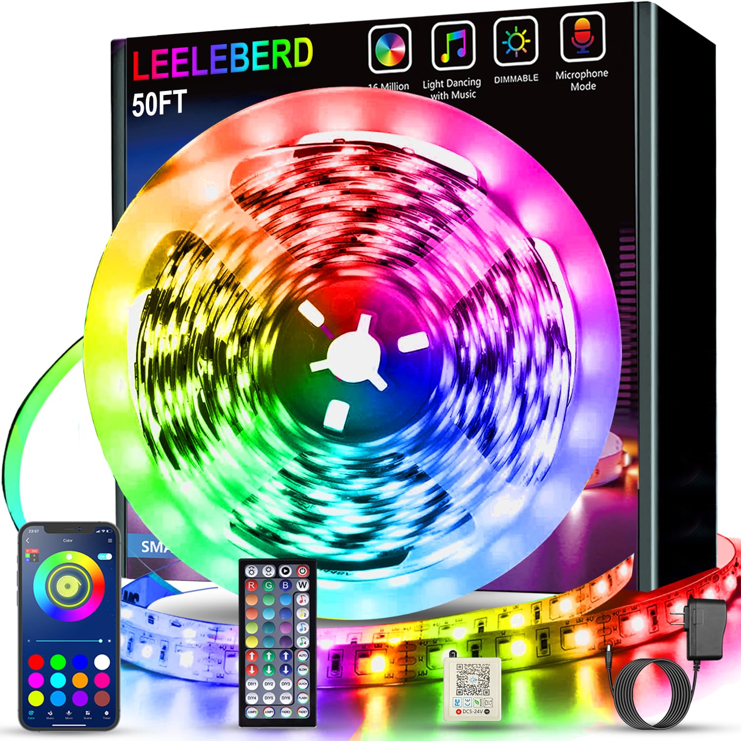 50ft Smart LED Strip Lights with Bluetooth & App Control - RGB Color Changing, Remote & Power Adapter Included - Perfect for Bedroom, Kitchen, Party & Home Decoration Lighting
