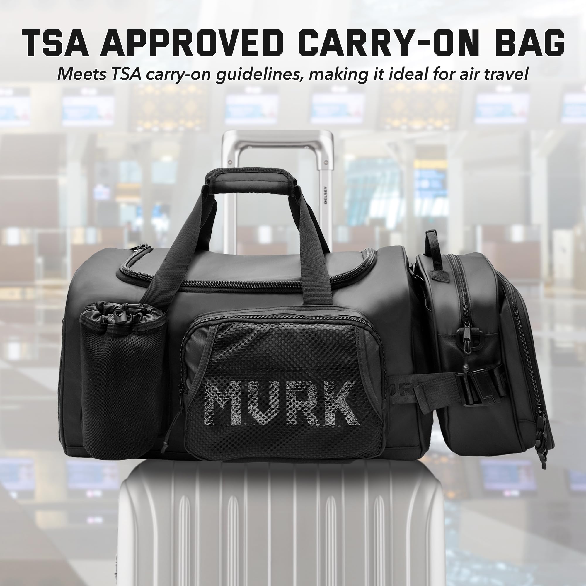 **MVRK 2-in-1 Waterproof Travel Duffle Bag - 50L Carry-On Size for Airplane, Gym, Sports & Weekend Trips | TSA Compliant & Durable Black Overnight Bag for Men & Women**    *(Perfect for Air Travel, Workouts, Hiking, Beach Trips & Short Getaways)*