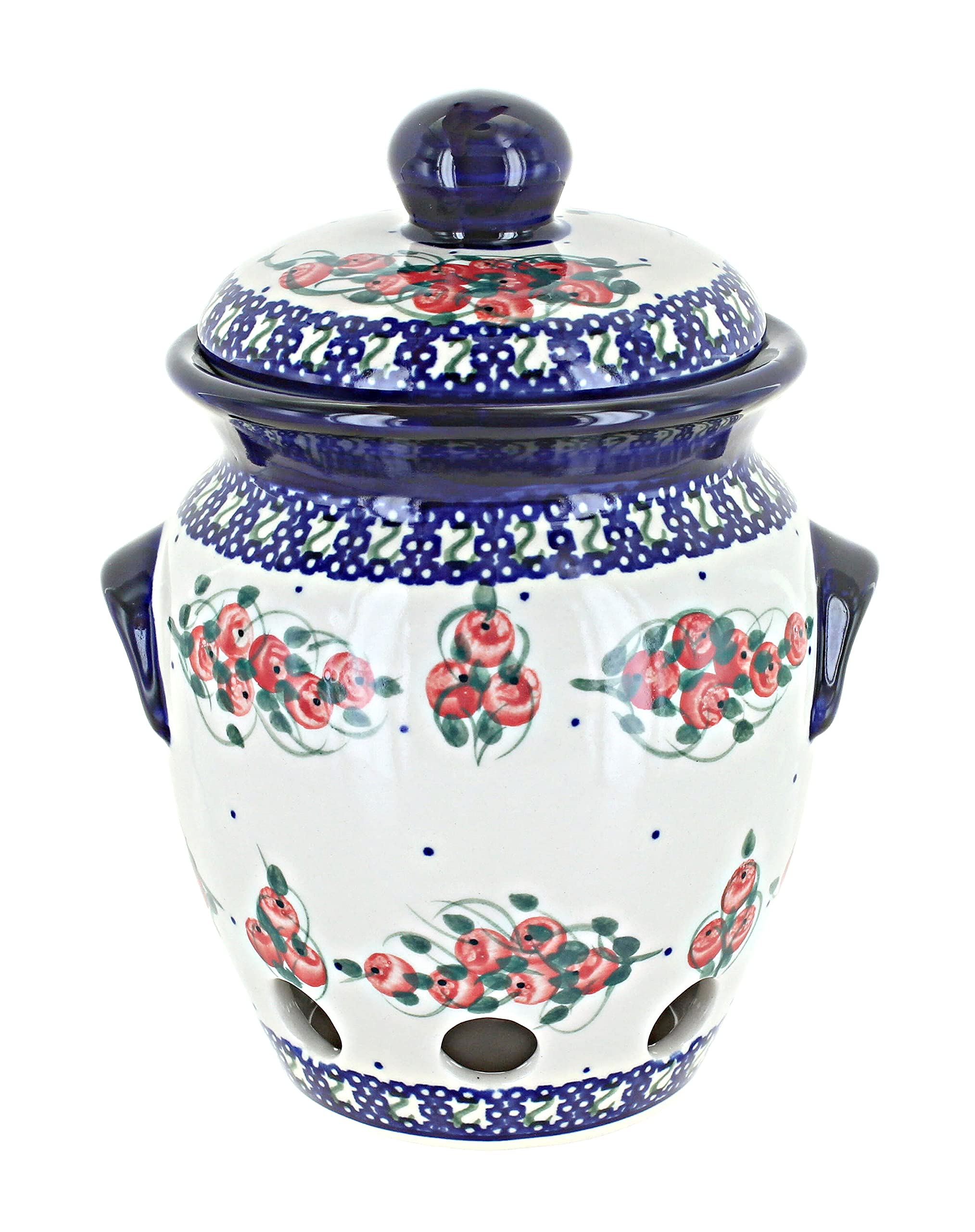 Blue Rose Polish Pottery Winterberry Garlic Keeper - Handmade Ceramic Garlic Storage Container for Kitchen, Pantry & Dining Room Decor