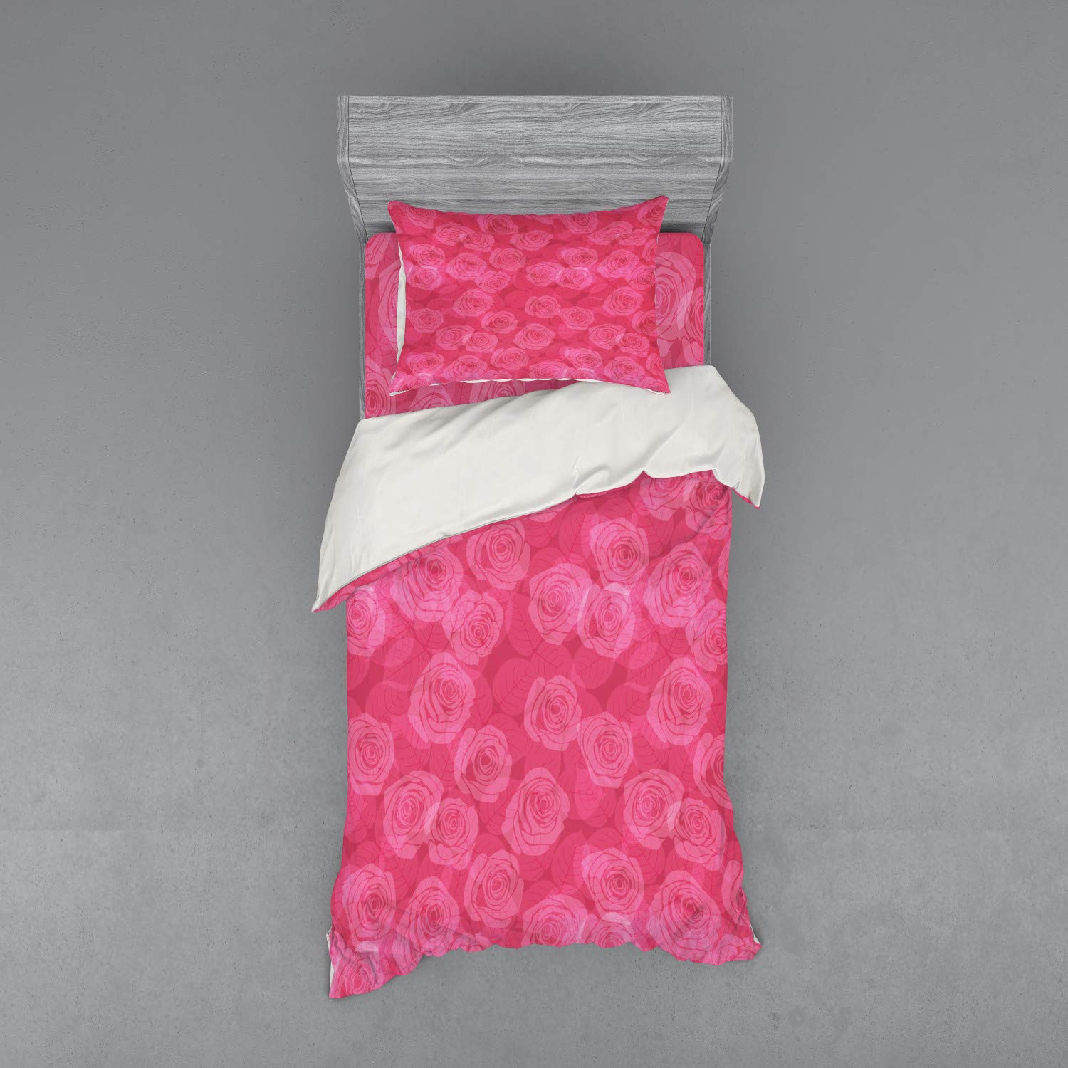 Ambesonne Pink Rose Floral Duvet Cover Set - 3 Piece Twin XL Bedding with Sham & Fitted Sheet, Romantic Valentine's Day Design for Master Bedroom, Guest Room & Dorm Decor