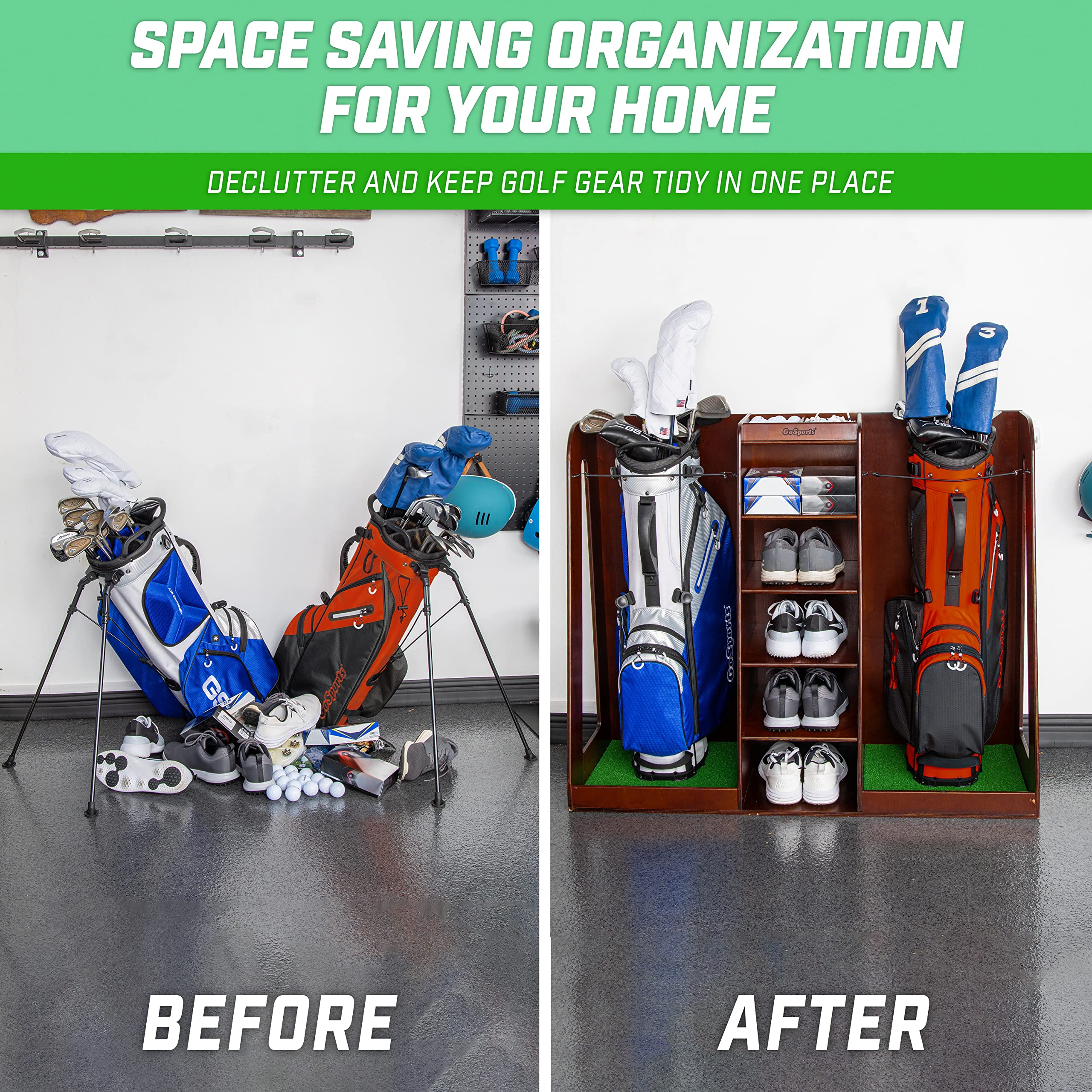 GoSports Premium Wooden Golf Bag Organizer & Storage Rack - Holds 2 Golf Bags - Black/White/Brown Finish - Perfect for Garage, Basement & Clubhouse Organization
