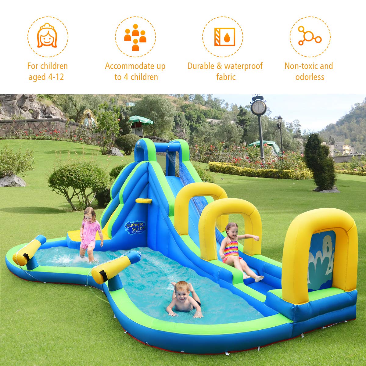 BOUNTECH 16x12FT Inflatable Water Slide for Kids & Adults - Mega Backyard Waterslide Park with Adventure Slide, Splash Pool & Climbing Wall - Outdoor Summer Party Toy for Birthday, BBQ & Family Gatherings