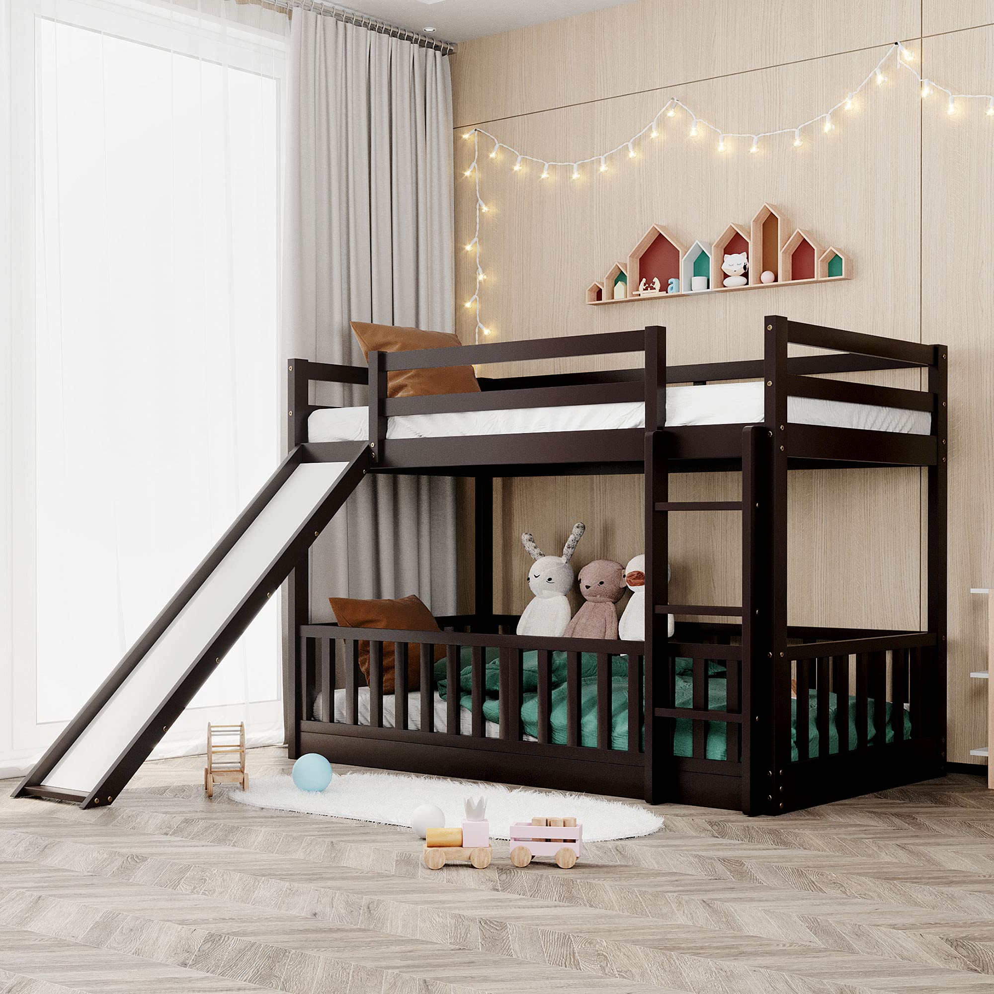 RUNNA Twin Over Twin Wood Bunk Bed with Convertible Slide & Ladder - Space-Saving Kids Loft Bed with Full-Length Guardrail - Espresso Finish for Bedroom, Dorm, or Playroom