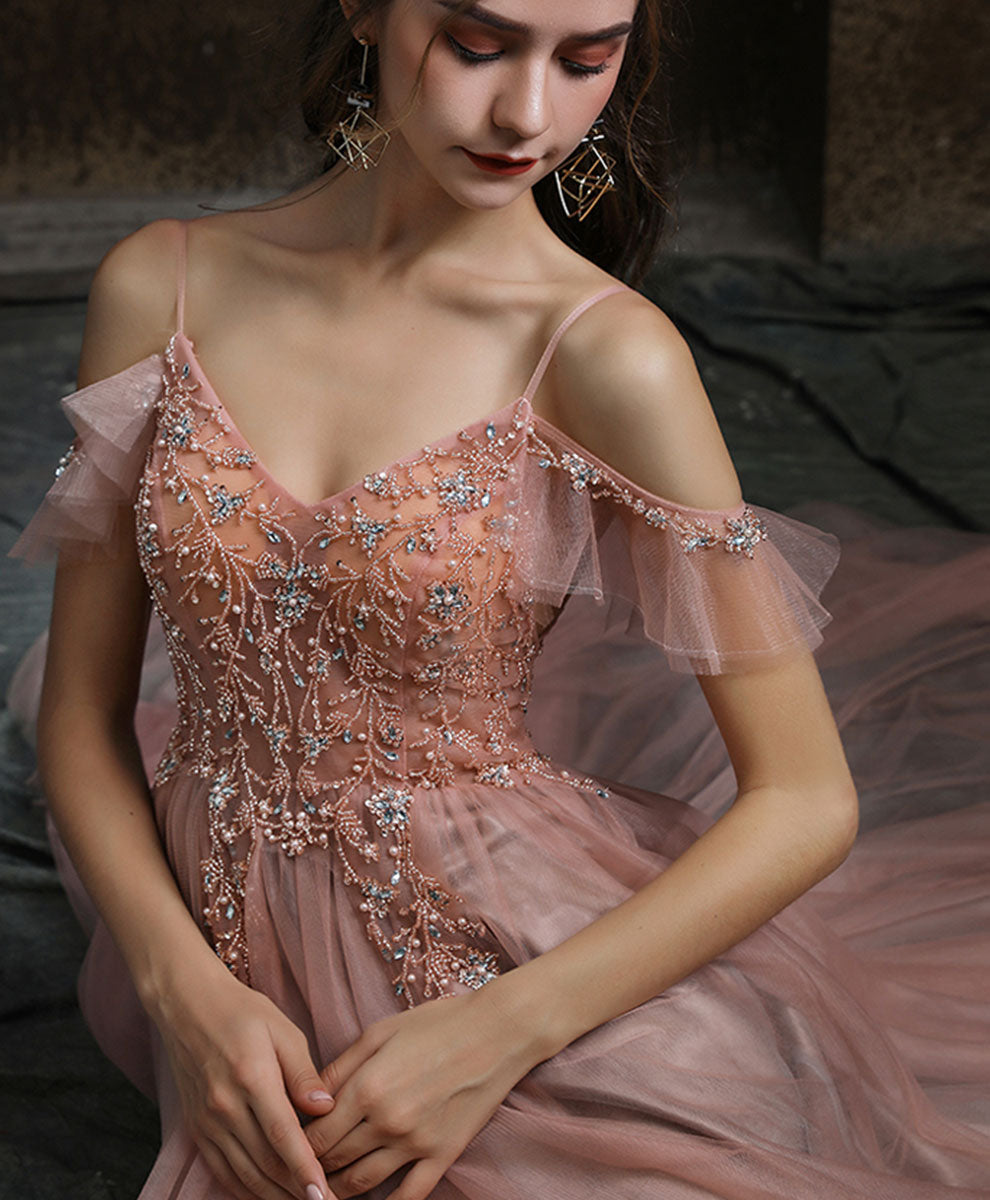 Elegant Pink V-Neck Tulle Beaded Long Prom Dress for Formal Graduation & Evening Events - Perfect for Homecoming, Dances & Special Occasions