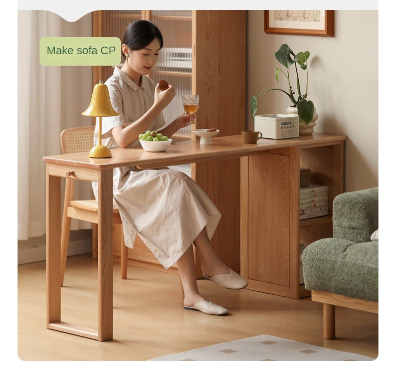 Solid Oak Wood Narrow Long Table with Storage Cabinet - Perfect for Small Spaces, Entryways & Home Offices