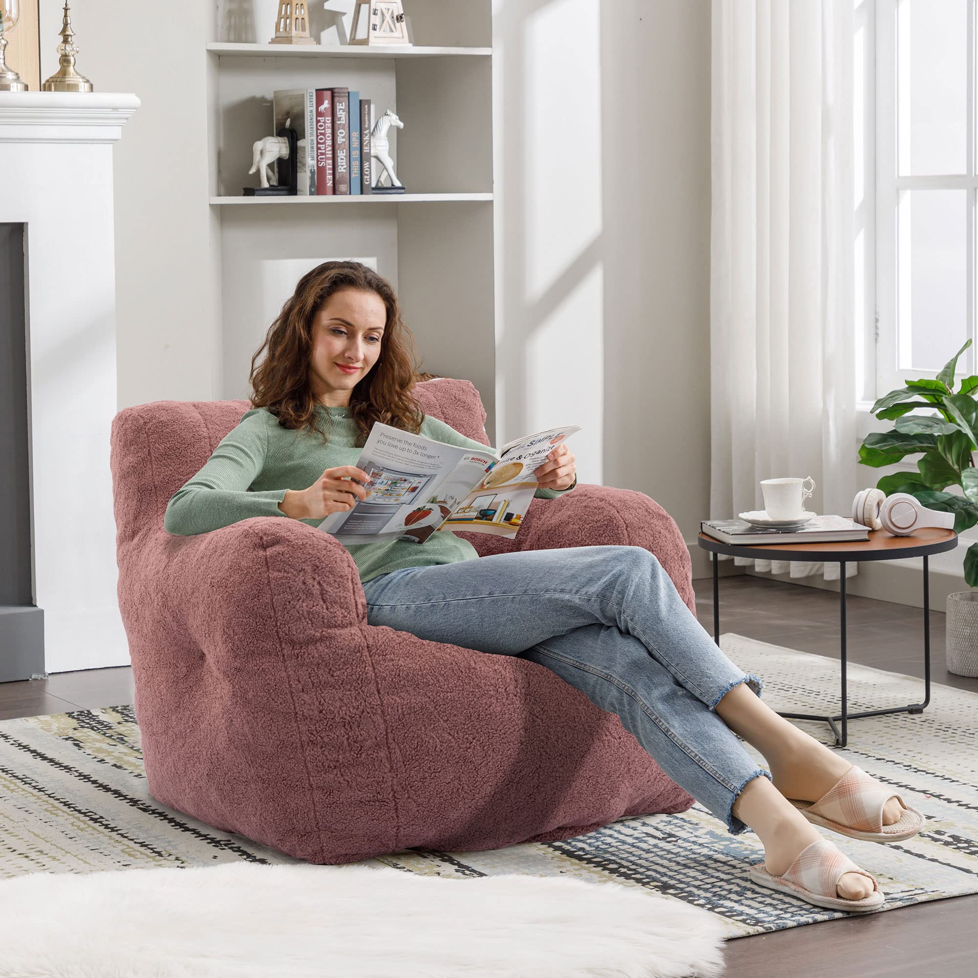 Recaceik Tufted Soft Fluffy Bean Bag Chair with Filler - Giant Imperial Lounger Lazy Sofa for Bedroom & Living Room - Large Rufous Color - Perfect for Relaxing, Gaming, and Movie Nights