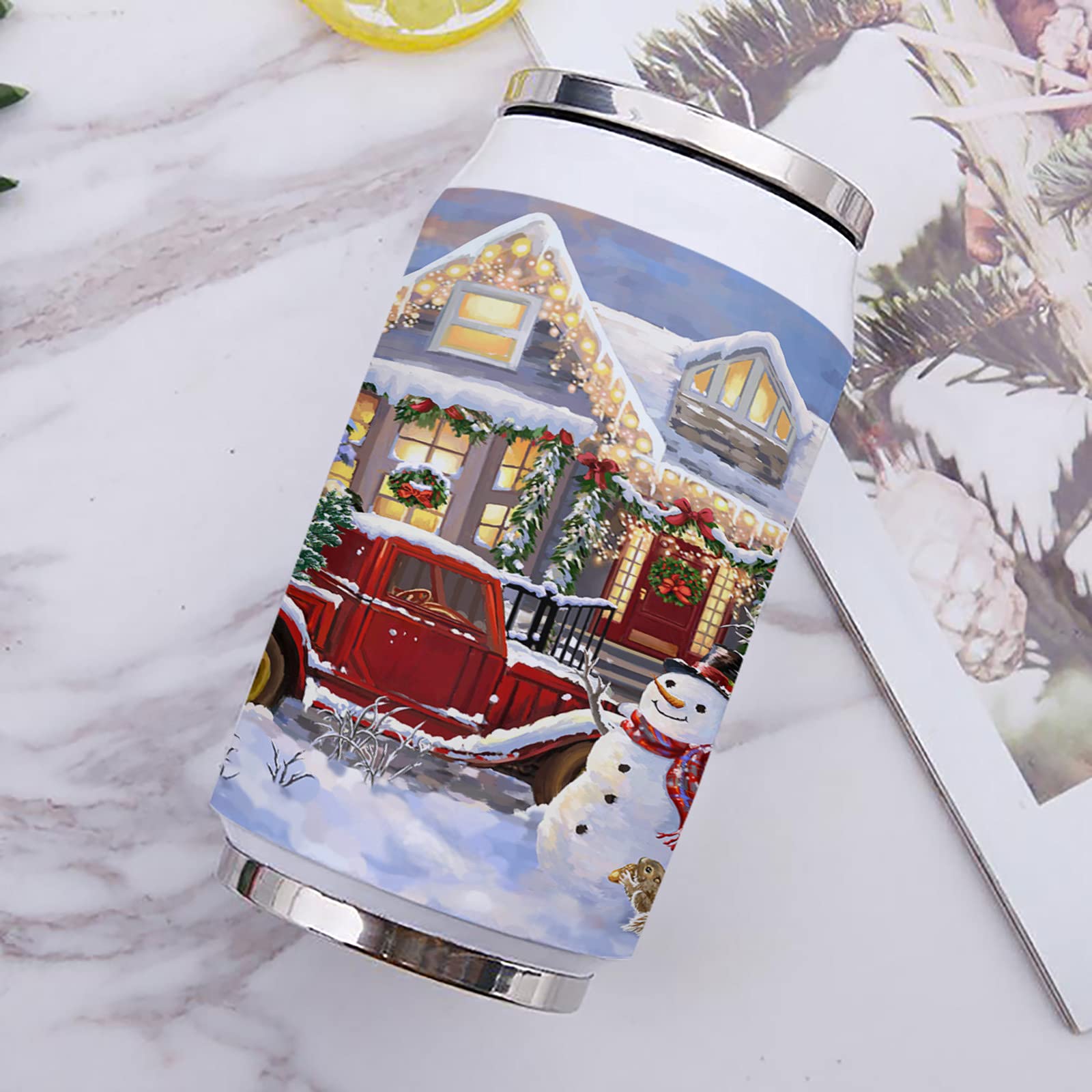Christmas Snowman Insulated Tumbler - 14oz Double Wall Stainless Steel Vacuum Travel Mug with Lid & Straw - Leakproof Coffee & Water Cup for Home, Office, Car - Perfect Holiday Gift for Christmas, New Year (Red Retro Truck & Xmas Tree Design) - Great for Hot/Cold Drinks, Commuting, Gifts & Winter Celebrations