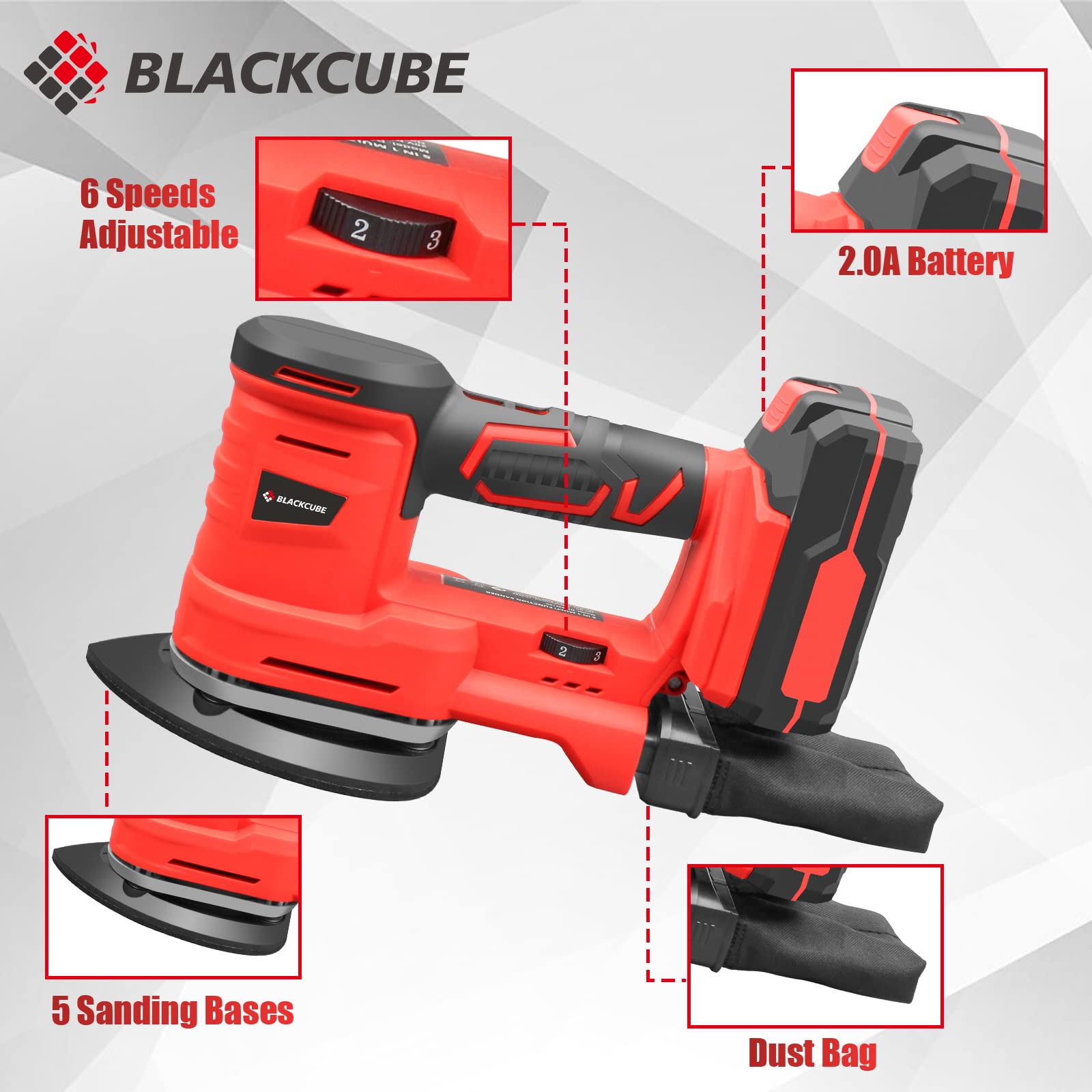 BLACKCUBE 20V Cordless 5-in-1 Multi-Function Detail Sander with 6 Speed Control, Dust Bag, 2.0Ah Battery & Fast Charger - Perfect for Wood Sanding, Furniture Refinishing, DIY Projects - Includes 10 Sanding Papers