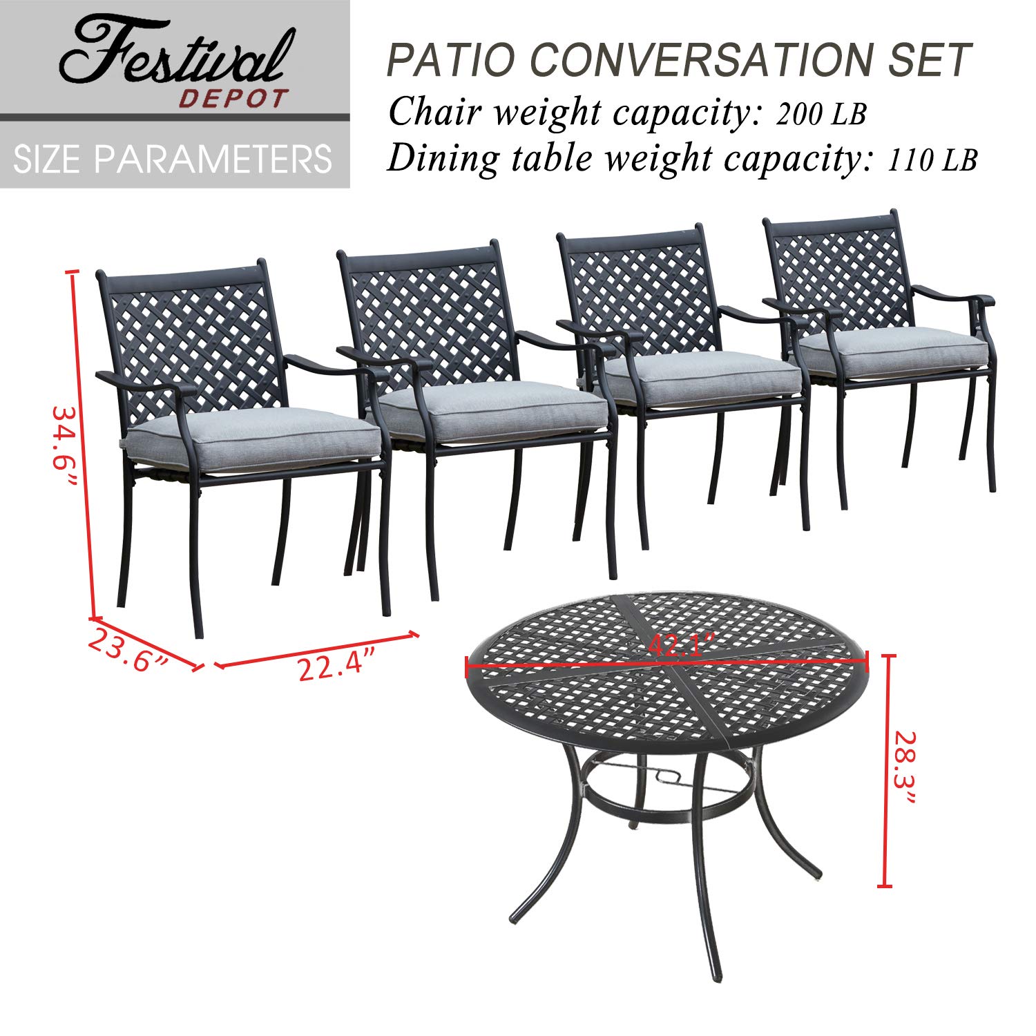 5-Piece Outdoor Patio Dining Set with All-Weather Bistro Chairs & Cushions - Round Metal Table with Umbrella Hole - Perfect for Deck, Lawn, Garden, Poolside & Backyard Entertaining (Black/Grey) | Festival Depot