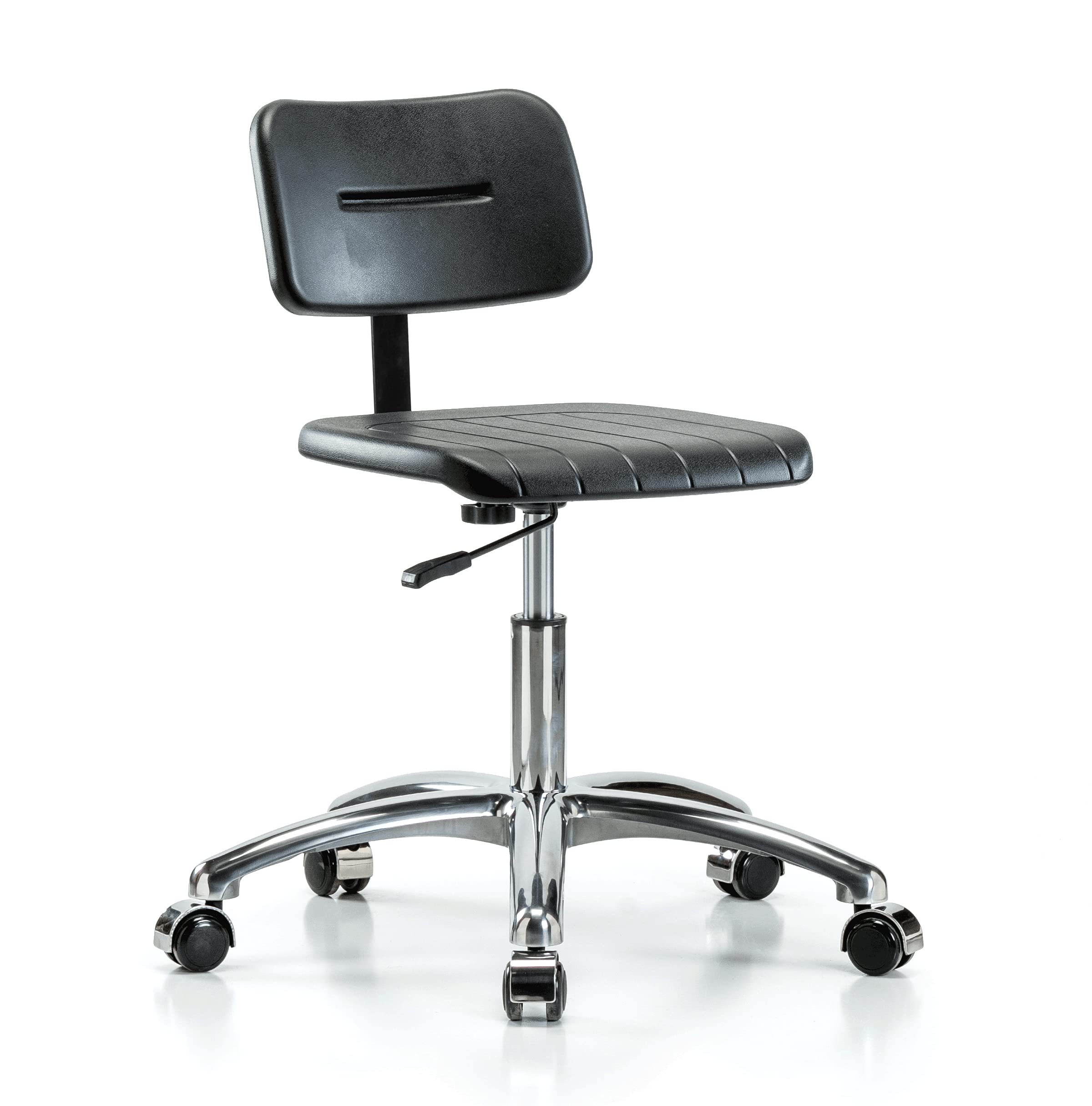 Ergonomic Perch Chrome Industrial Work Chair with Wheels - Adjustable Height for Hardwood & Tile Floors - Perfect for Standing Desks, Home Office & Workshop Use