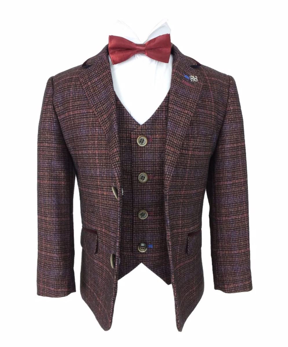 Boys Slim Fit Tweed Check Suit Set - Burgundy Wine Color Formal Wedding Attire for Kids | Perfect for Weddings, Parties & Special Occasions