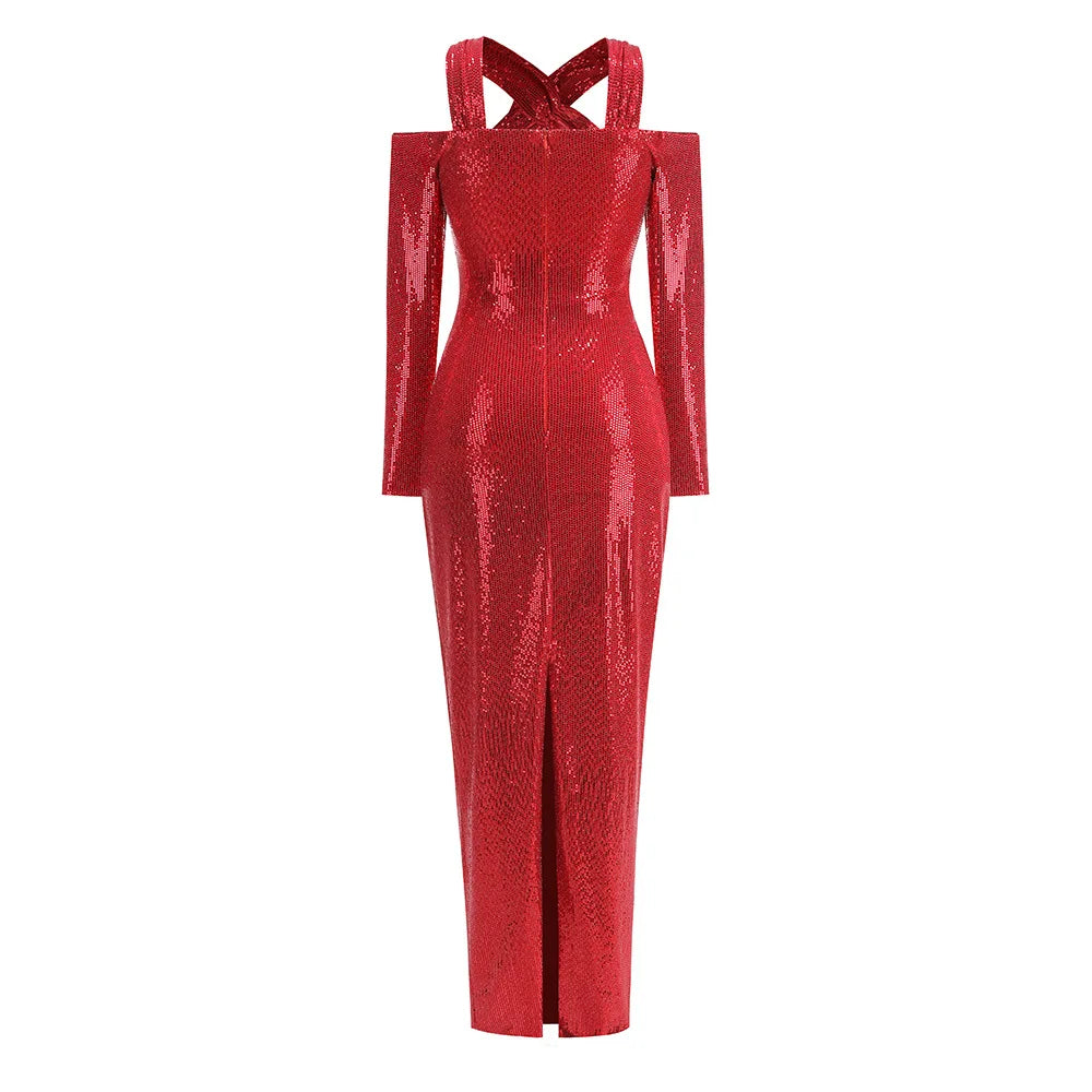 2024 New Autumn Red Sequin Long Sleeve Sexy Halter Bodycon Mermaid Dress for Women - Wedding, Party & Special Occasions