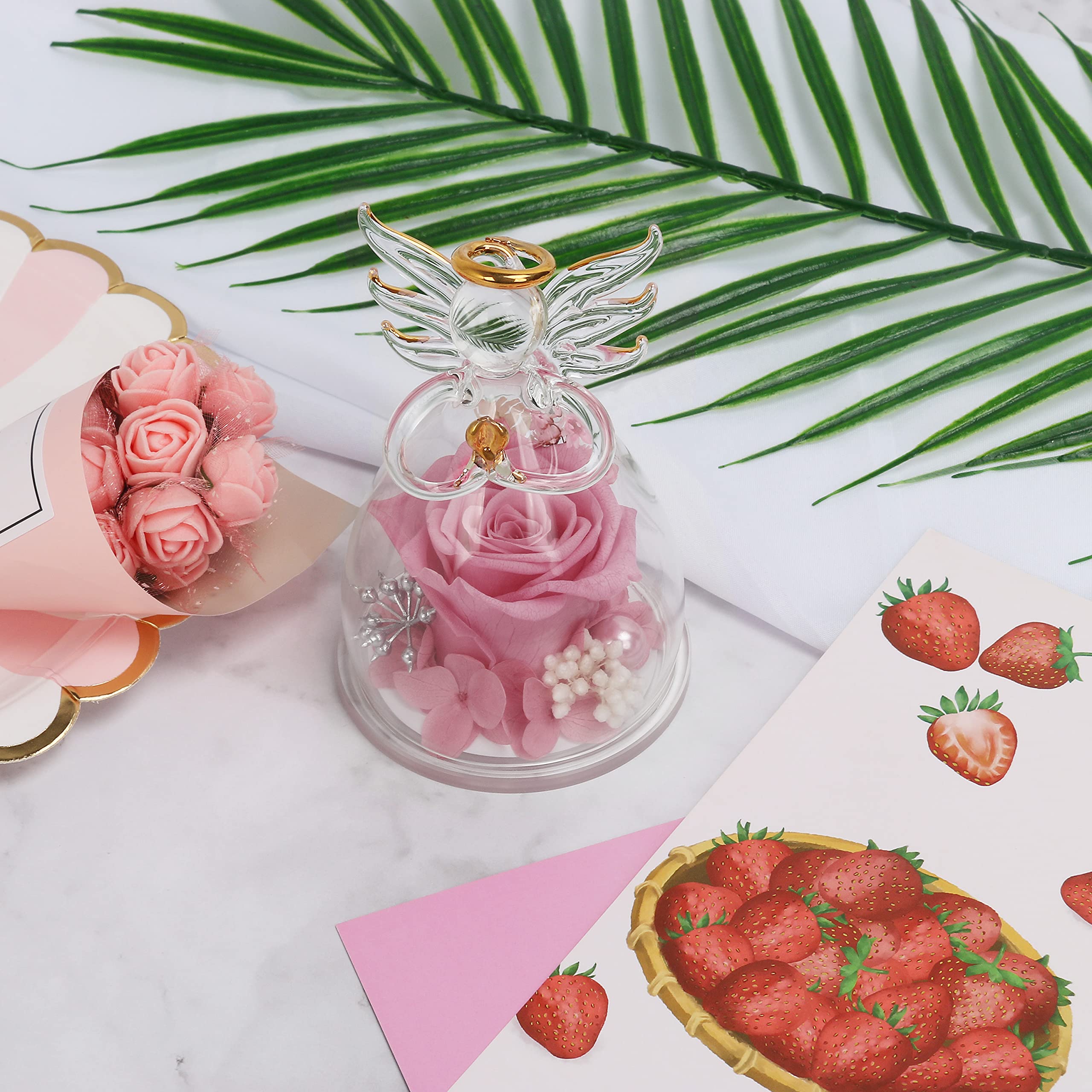 Preserved Pink Rose in Glass Angel Figurine - Unique Mother's Day Gift, Birthday Present for Women, Thoughtful Mom Gift from Daughter, Angelic Flower Keepsake for Grandma, Wife, Sister - Perfect for Home Decor, Wedding Favors, and Special Occasions