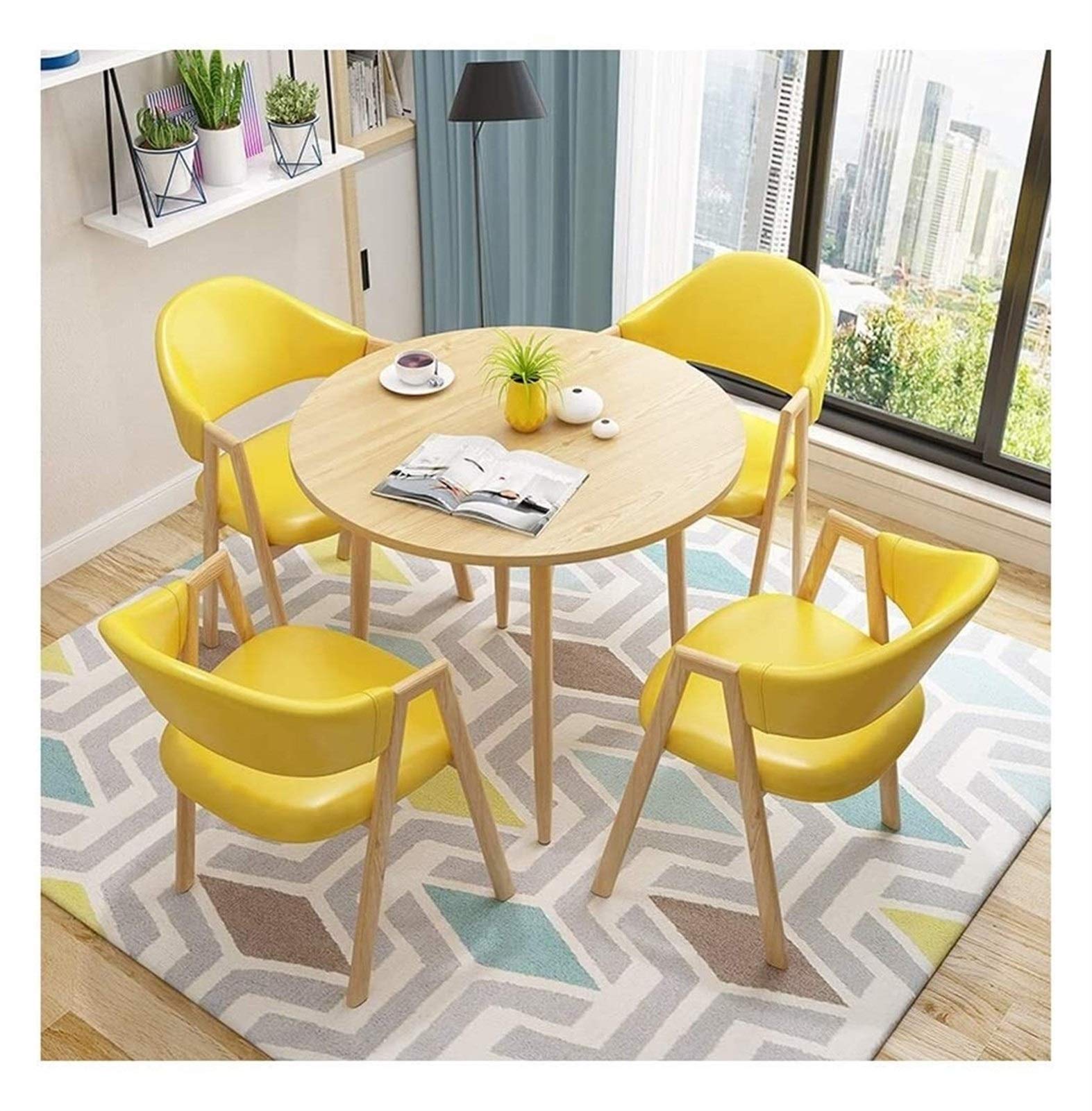 Farmhouse Style Dining Table and Chairs Set - 80cm Round Kitchen Table with 4 Chairs, Balcony Lounge Furniture, Office Reception Desk for Coffee Shop, Tea House & Beauty Salon (Yellow) - Perfect for Small Spaces, Breakfast Nooks & Cozy Gatherings