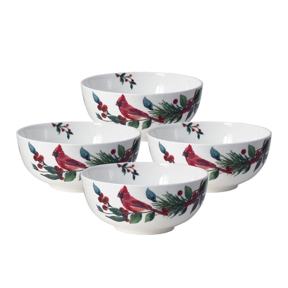 Winter Cardinal Set of 4 Fruit Bowls - Elegant Ceramic Serving Bowls for Fruits, Snacks & Desserts - Perfect for Holiday Entertaining, Kitchen Decor & Gift Giving