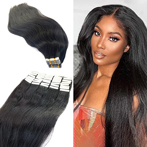 Yaki Straight Tape-In Hair Extensions 16 Inch - 100% Human Hair, Double Sided 40 Pieces (100g) for Black Women - Invisible, Natural Look for Everyday Wear & Special Occasions