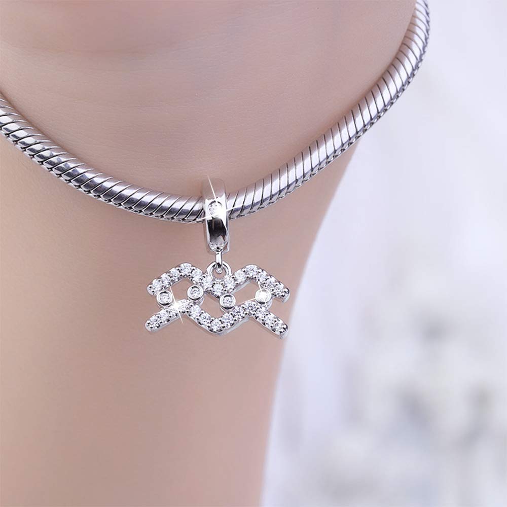 GNOCE Aquarius Zodiac Pendant - Sterling Silver 'My Love, My Life' Charm with Cubic Zirconia for Women | Perfect for Bracelets & Necklaces | Birthday Gift, Anniversary Present, Zodiac Jewelry